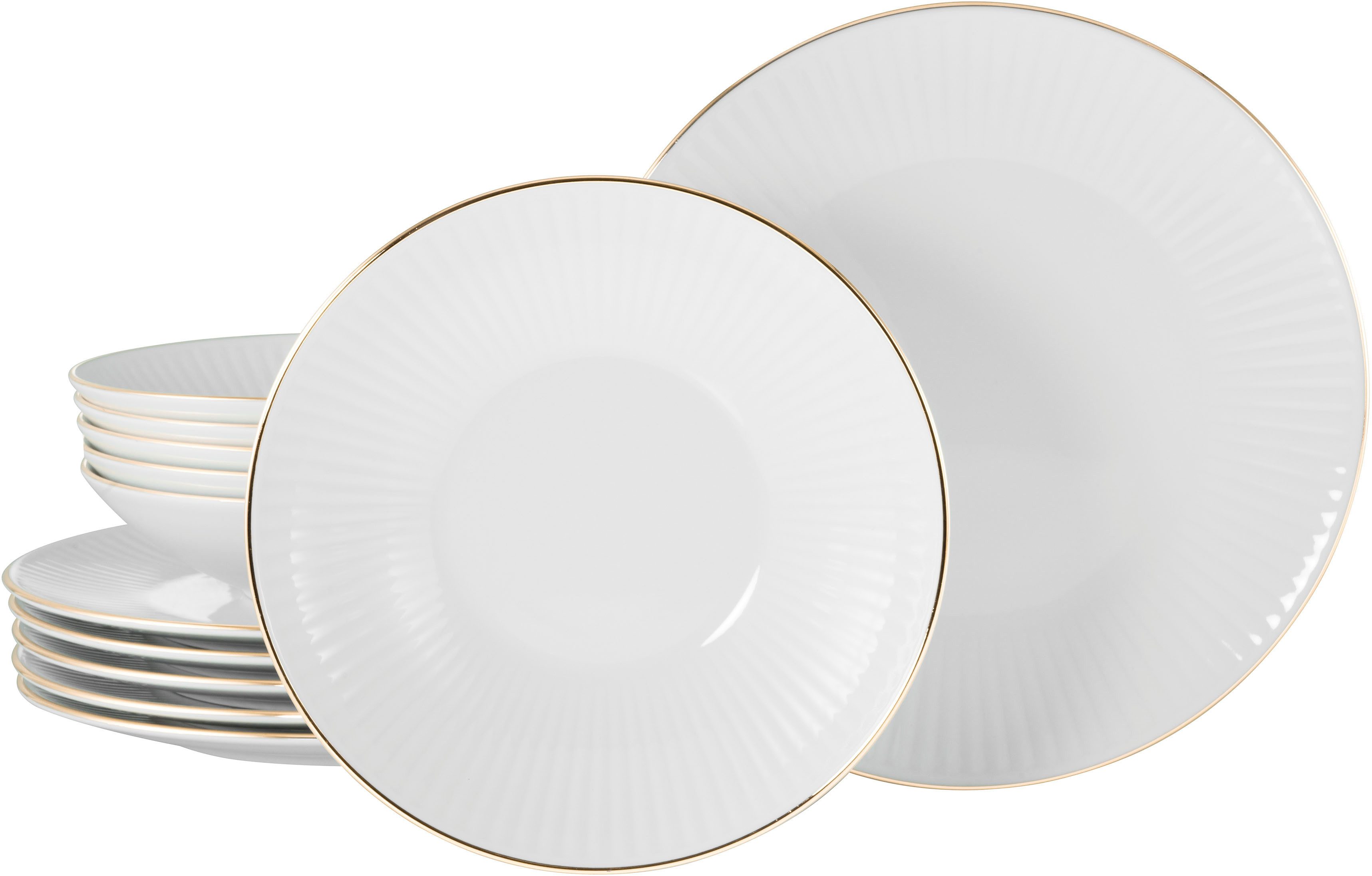 CreaTable Tafelservice Valencia Gold, Tafel-Service 12-tlg (12-tlg), 6 Personen, Porzellan, Teller Set, Elegant, Goldrand