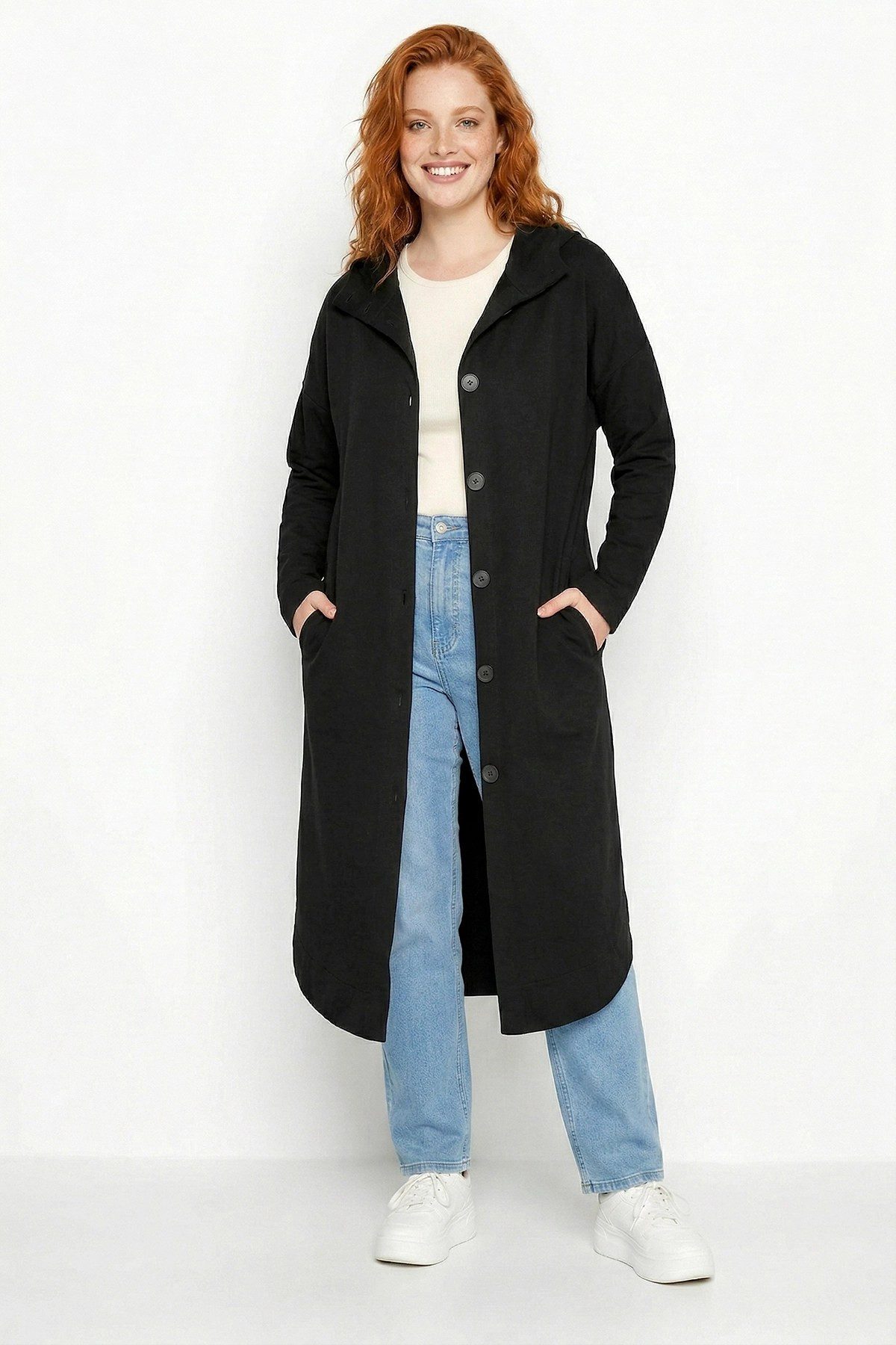 Shape of You Blusenjacke Kapuzenshirt mit Knöpfen Langcardigan
