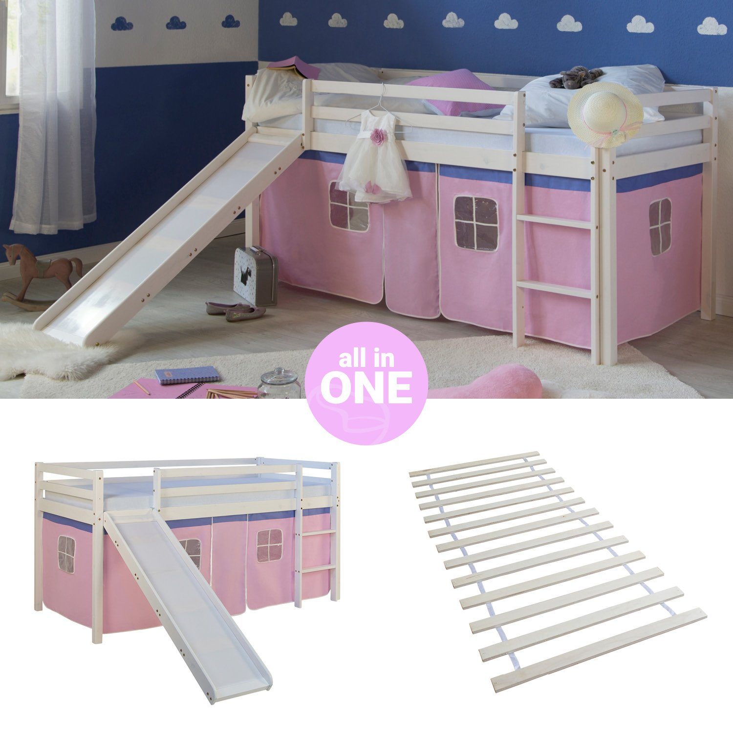 Homestyle4u Hochbett Kinderbett mit Leiter und Vorhang Weiß Rosa Holz Kiefer mit Lattenrost, Rutsche