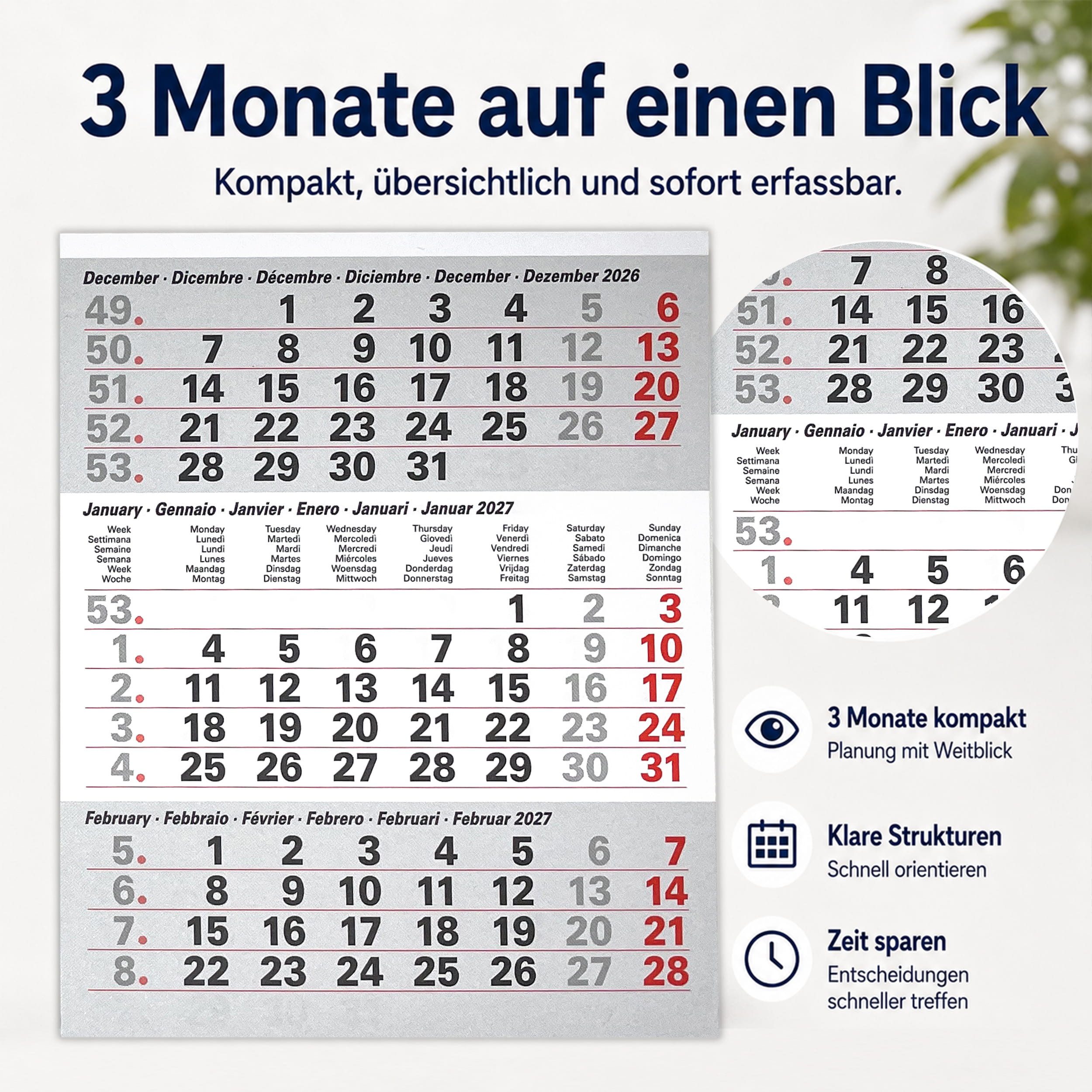 TOBJA Tischkalender Ersatz-Kalendarium 2027 magnetisch für Tischkalender (Titan), Ersatzblock, ohne Aufsteller, 3 Monate, magnetisch, Feiertage