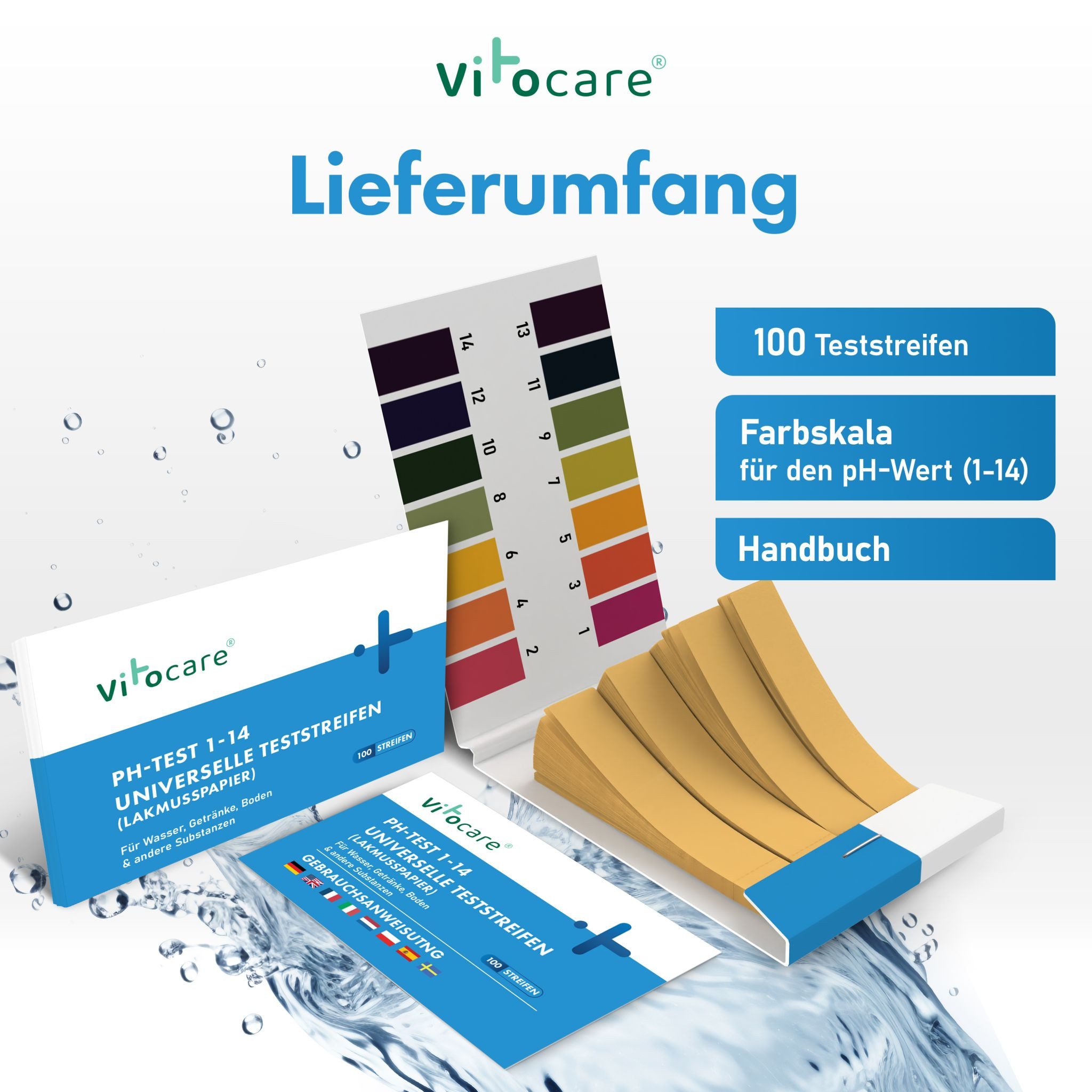 Vitocare Trinkwassertest pH-Lackmus-Teststreifen (100 Stk) – Säure-Basen-Wert präzise messen