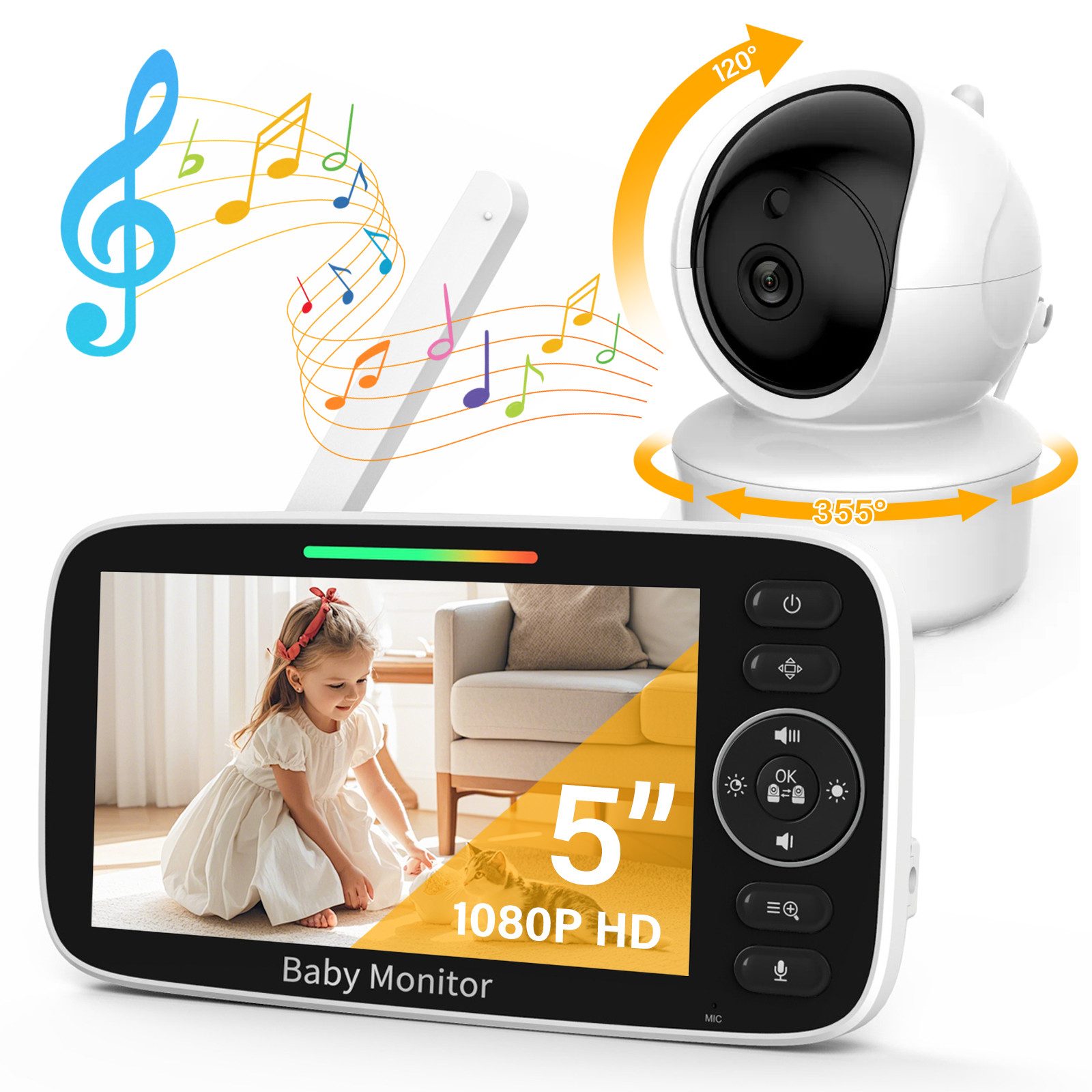 Babyphone Video-Babyphone 5 Zoll Baby Monitor 1080P HD Display, VOX-Modus