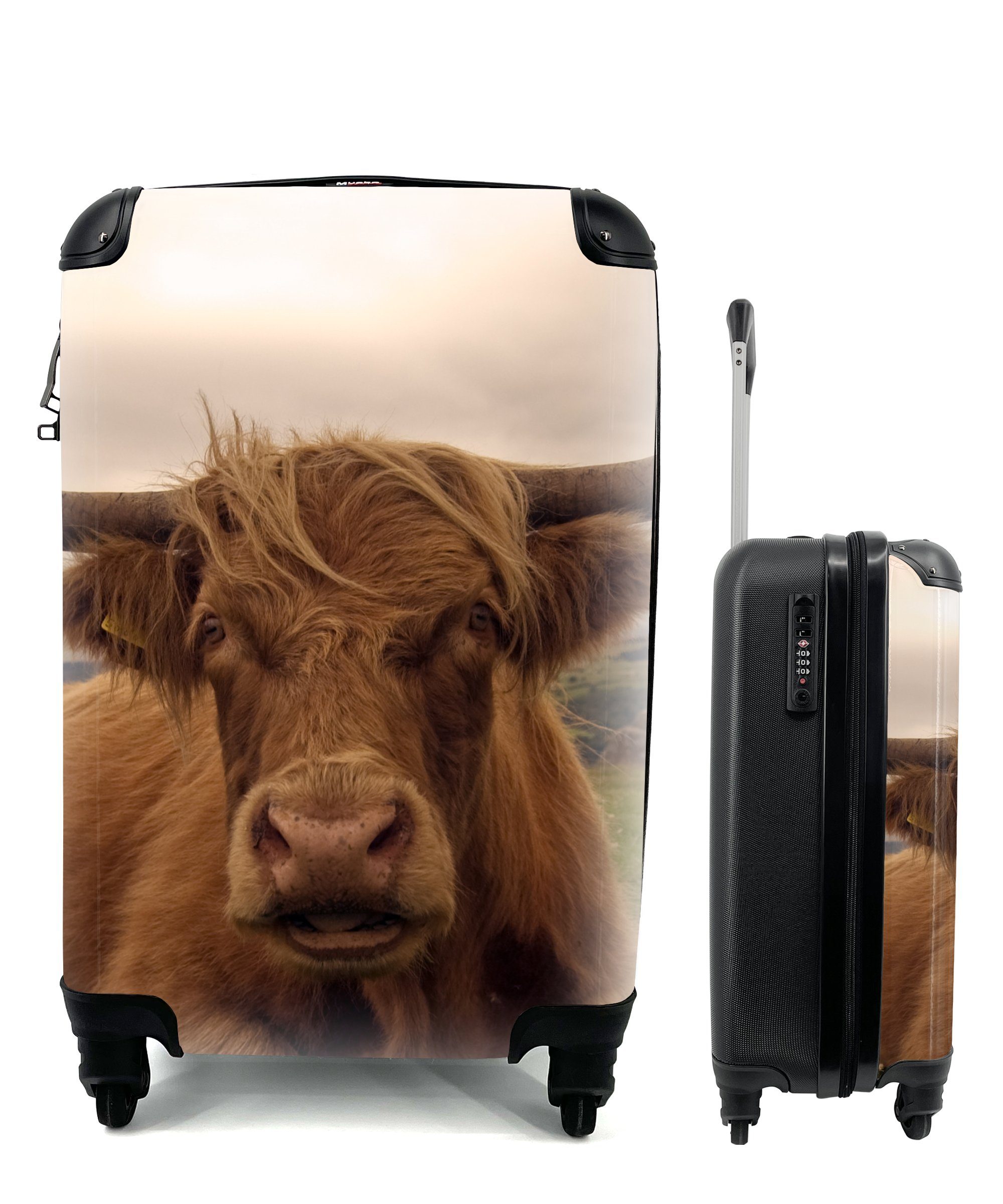 MuchoWow Handgepäckkoffer Schottischer Highlander - Tiere - Berg, 4 Rollen, Reisetasche mit rollen, Handgepäck für Ferien, Trolley, Reisekoffer