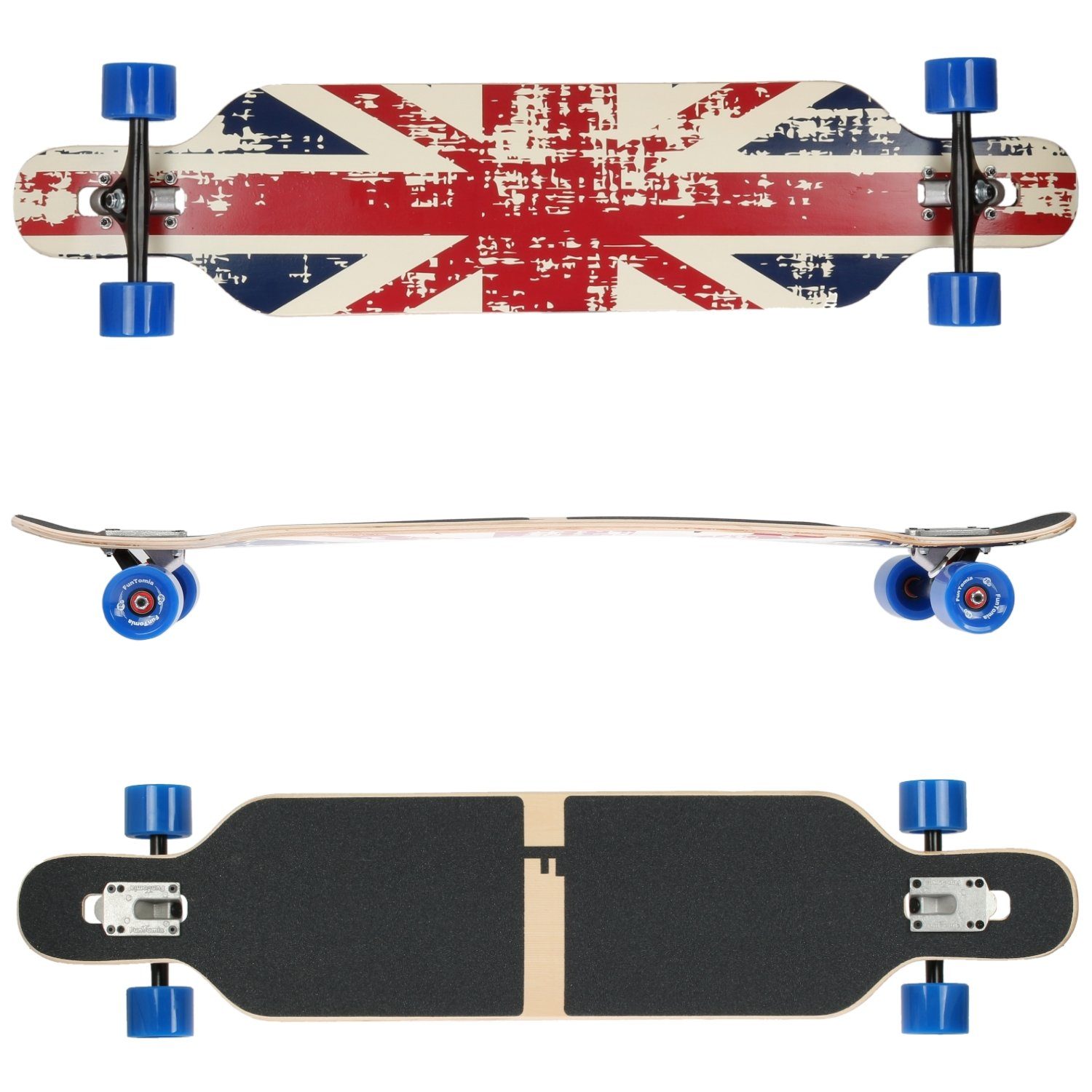 FunTomia Longboard Longboard in Camber Cruiser Twin 122kg Through Twin England Flex - Ahornholz Tip Camber Drop 1 Tip Rollen / - 3 Kugellager, Komplettboard mit Speed + Mach1 ABEC-9 25 Stufen Skateboard und bis LED T-Tool Flex