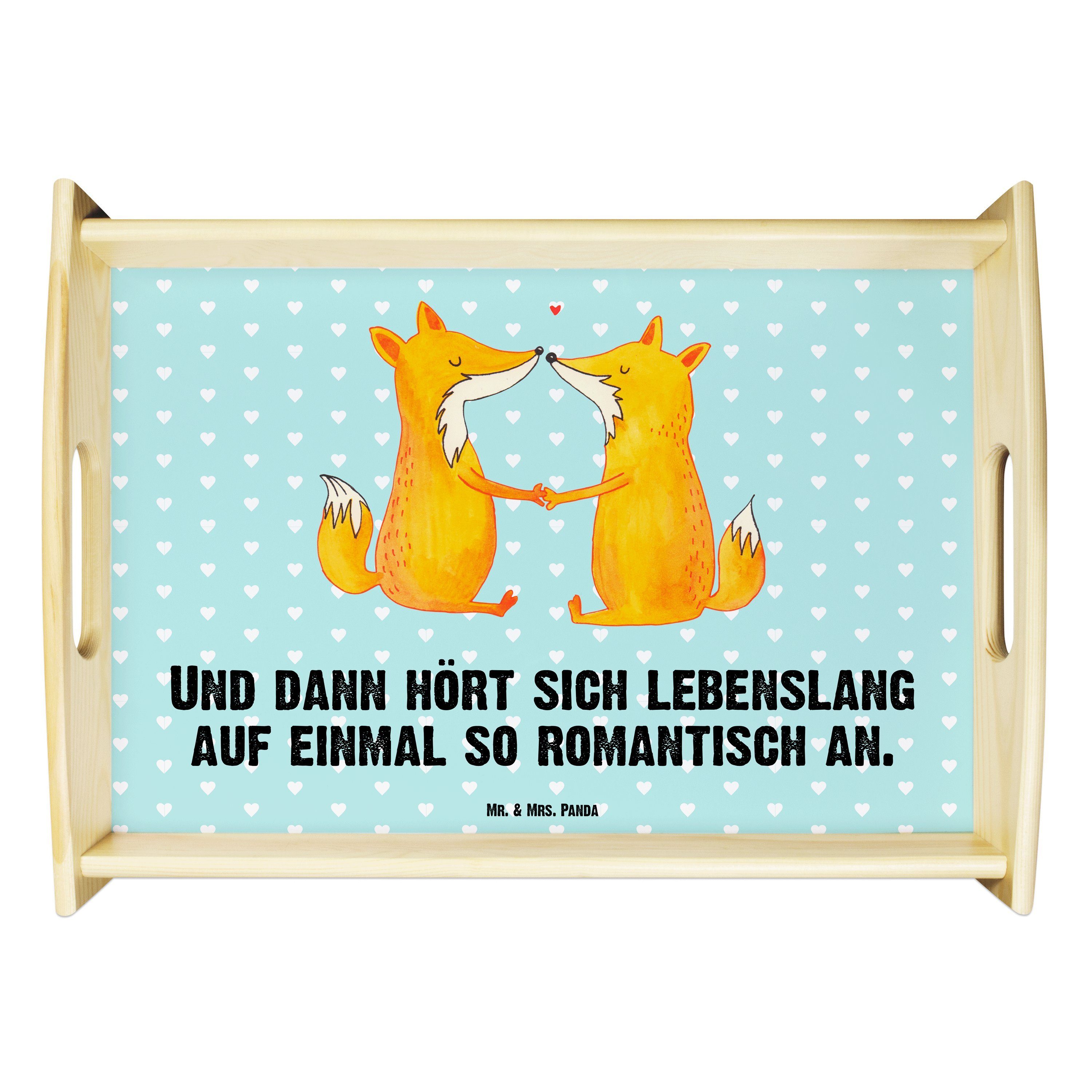 Mr. & Mrs. Panda Tablett Füchse Liebe - Türkis Pastell - Geschenk, Tablett, Ehe, Ehefrau, Paar, Echtholz lasiert, (1-tlg)
