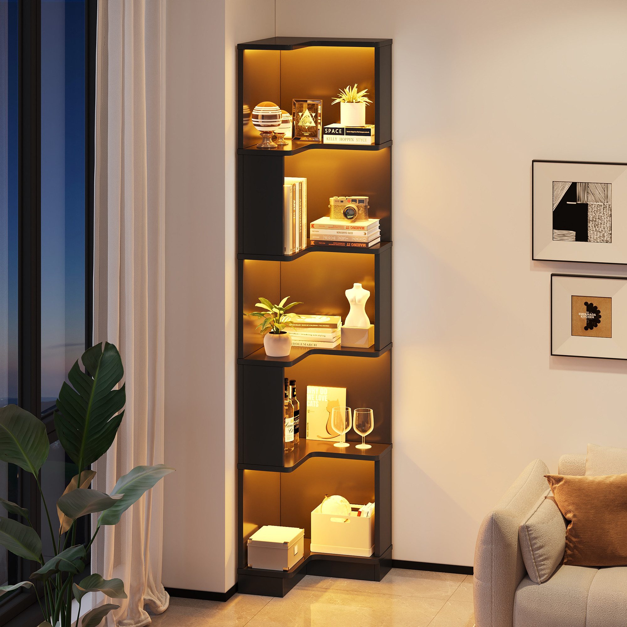 Merax Bücherregal mit LED-Farbwechsel, 1-tlg., Eckbücherregal Eckregal L-förmiges Regal mit 5 Ebenen, 63,5x45x175 cm