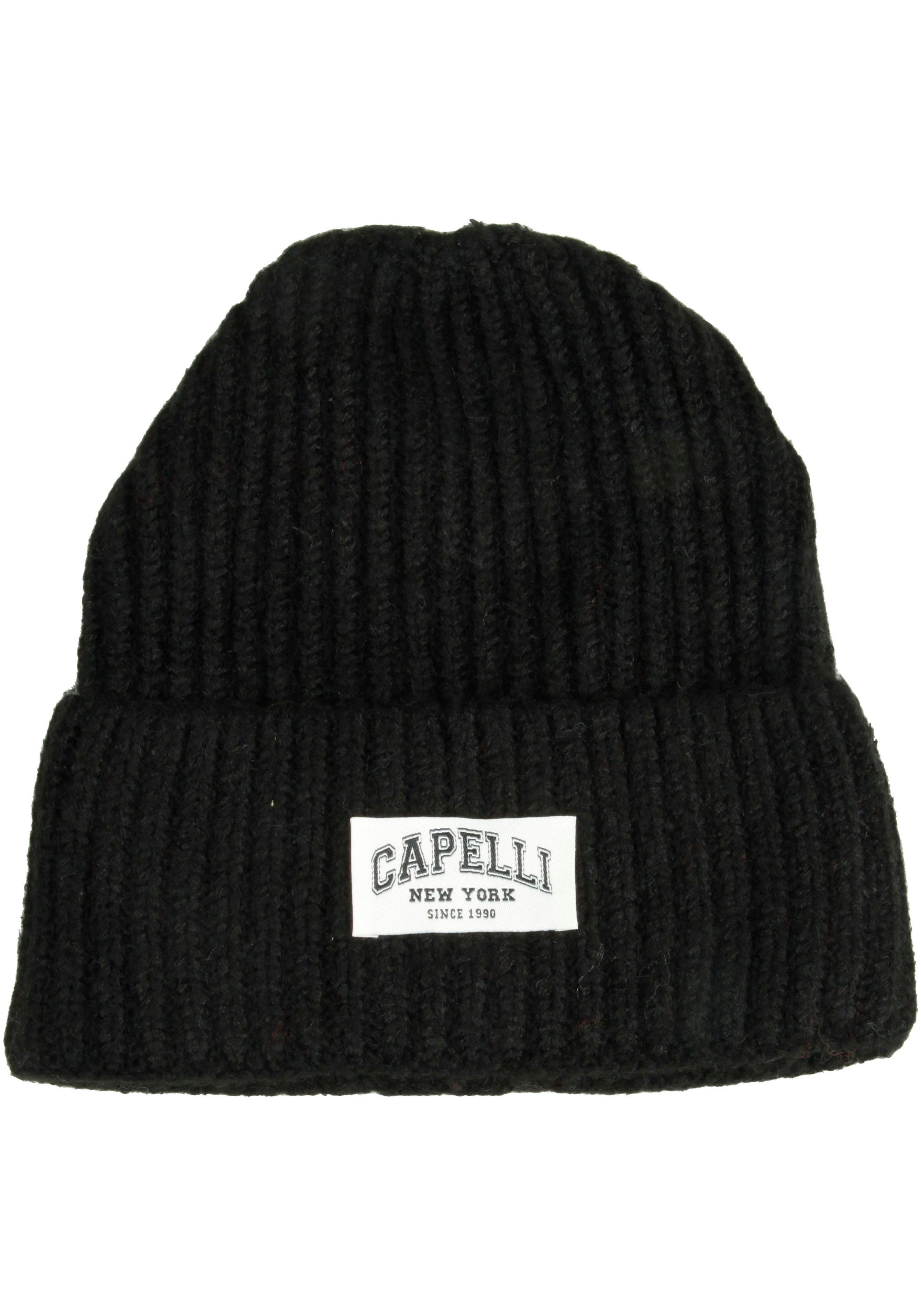 schwarz Strickmütze Capelli New York vorn Breiter Umschalg, Logo