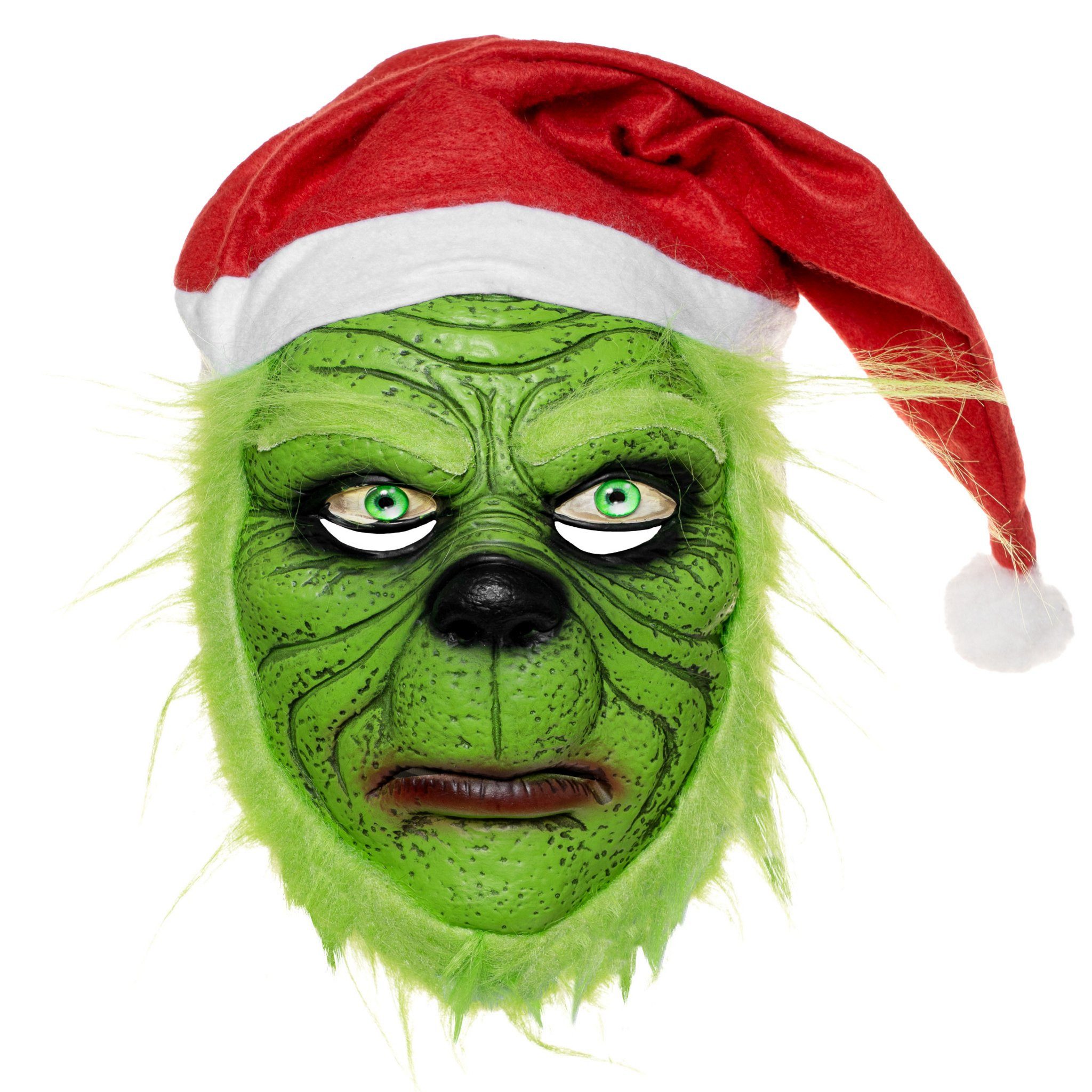 Metamorph Verkleidungsmaske Weihnachtsgrinch Halbmaske, Grantelnde Weihnachtsgestalt mit eindringlichem Blick