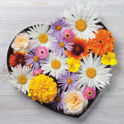 Linoows Papierserviette 20 Servietten Blüten Potpourri, in Herz Form, Herzblumen, (Packung), Motiv Blüten Potpourri, in Herz Form, Herzblumen