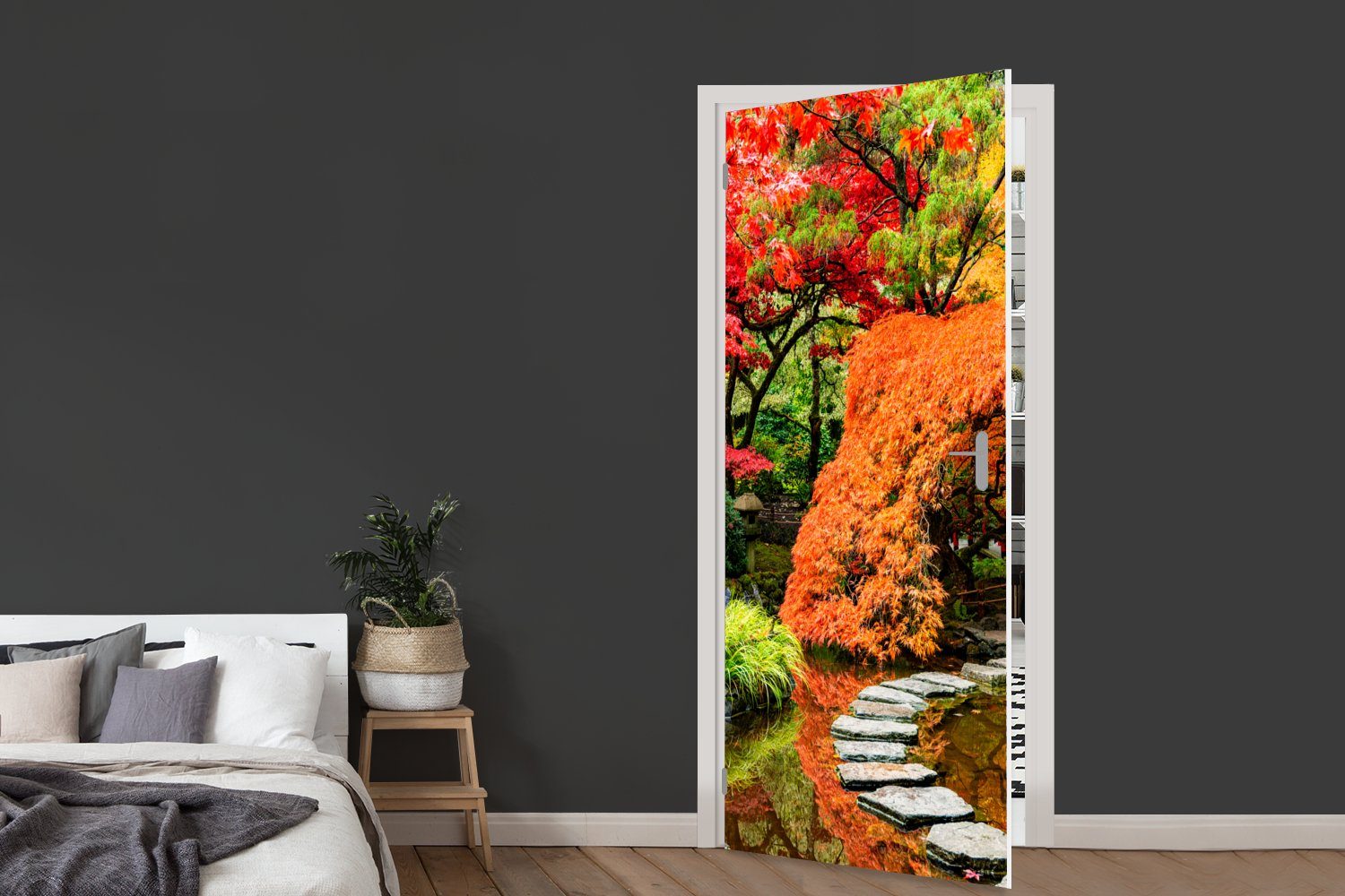 75x205 cm Matt, Fototapete Weg Japanisch - MuchoWow Steine - St), Türaufkleber, - Tür, Bäume bedruckt, Natur, (1 Türtapete für -
