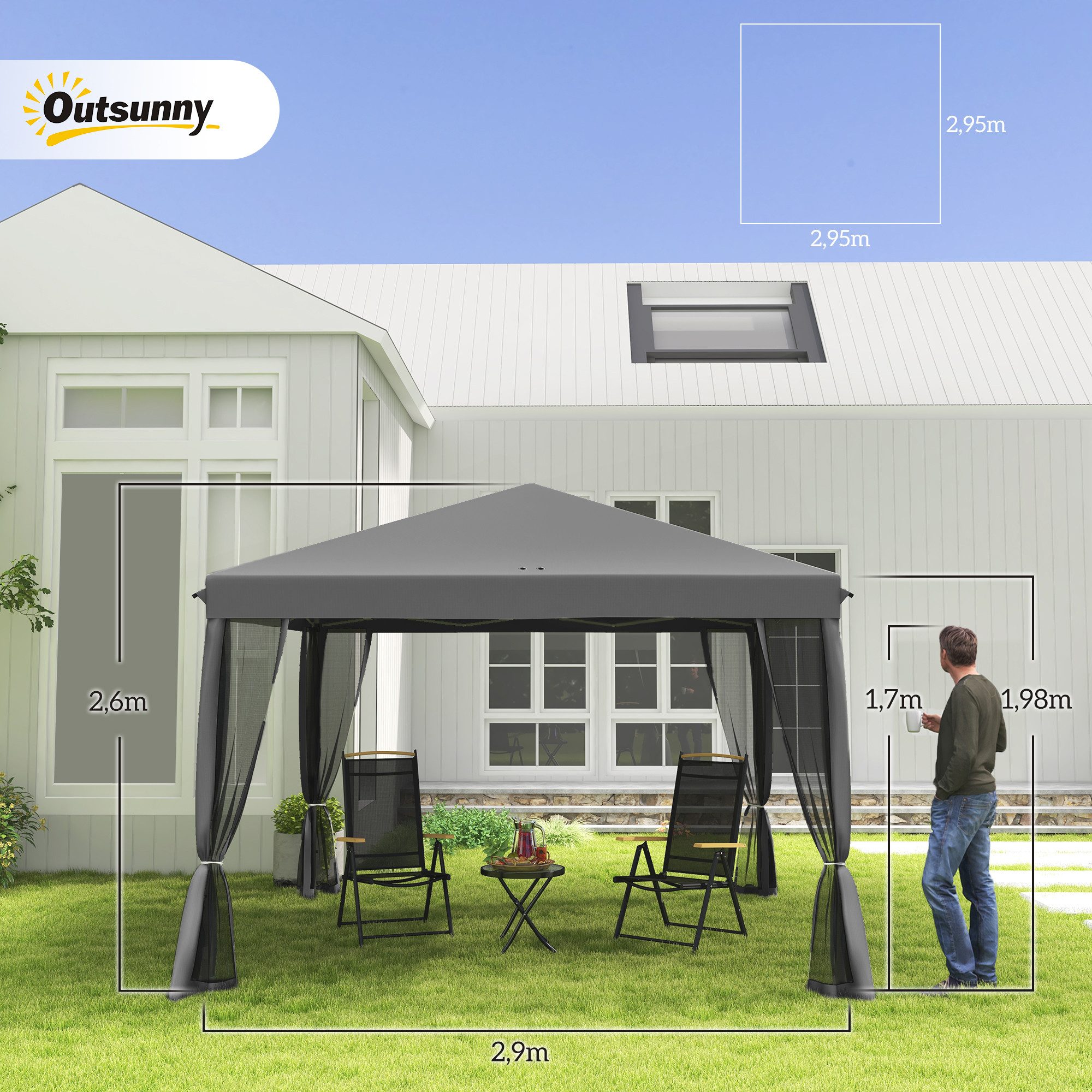 Outsunny Faltpavillon mit Tragetasche, mit 4 Seitenteilen, (Pavillon, Gartenzelt), für Garten, Balkon, Hellgrau
