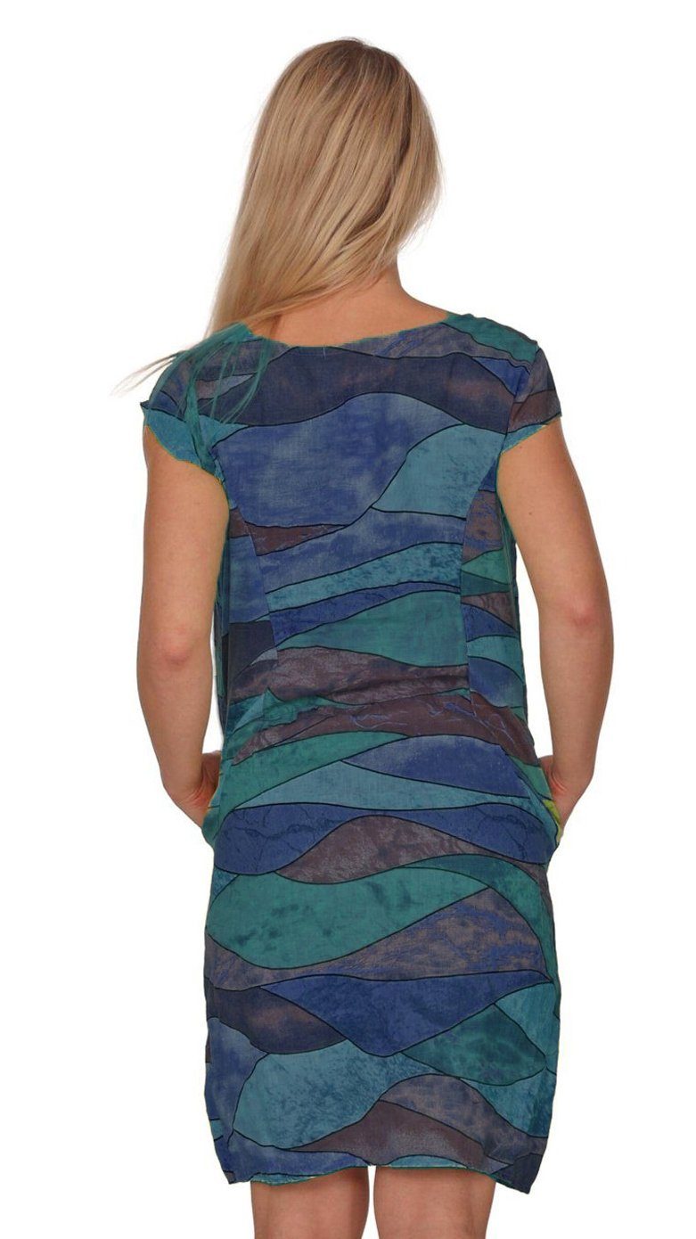 Charis Moda Sommerkleid Leinenkleid Blau A-Linie kurzarm "Colourwaves"