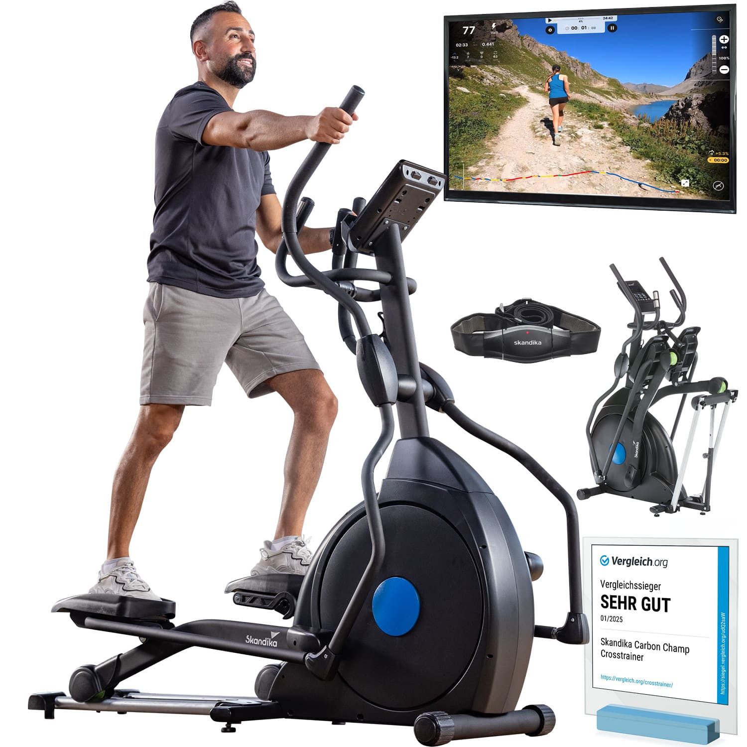 Skandika Crosstrainer CardioCross Carbon Champ, Ellipsentrainer für Zuhause bis 150 kg, mit 24,5kg Schwungmasse, Magnetbremssystem, Kinomap/App Kompatibel