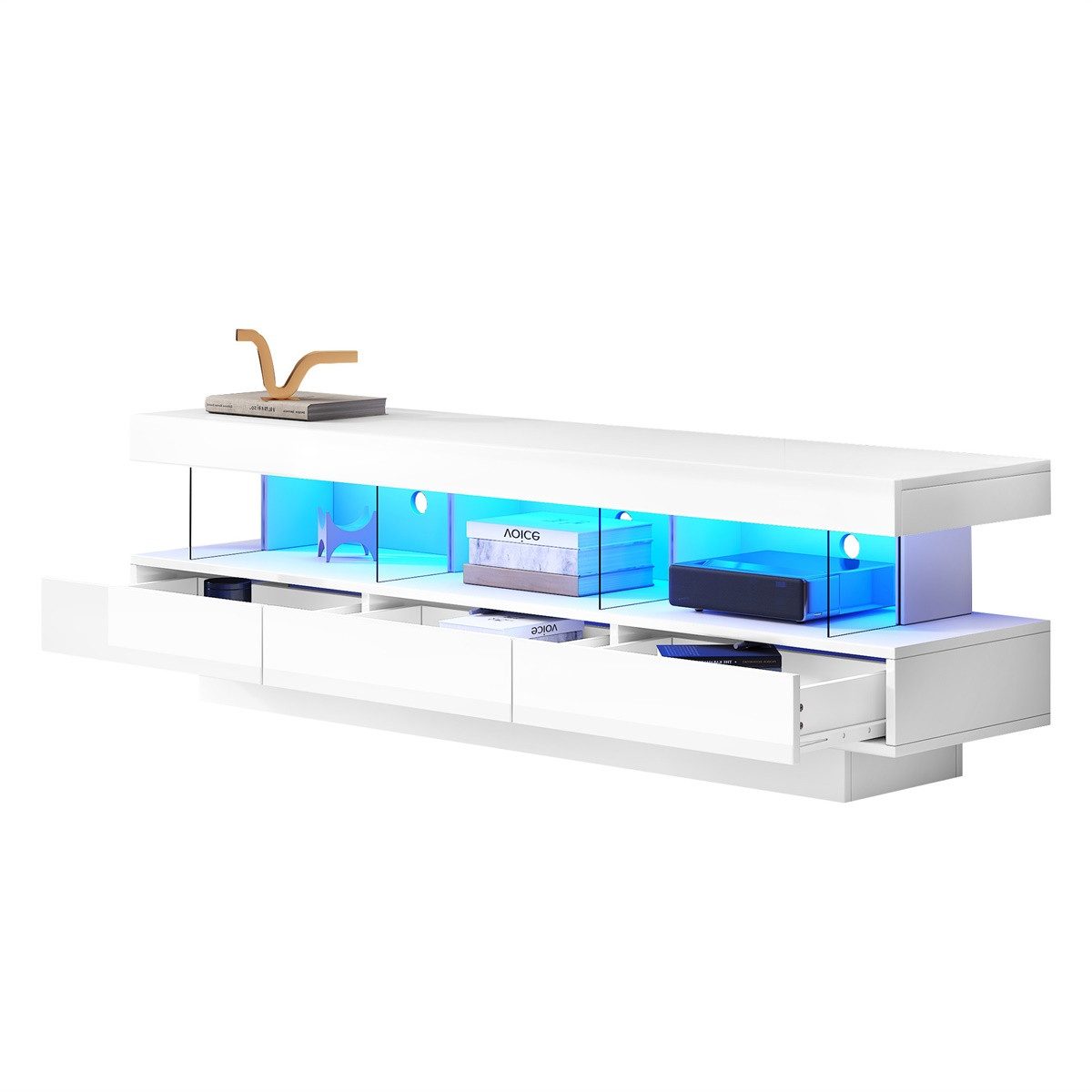 Rutaqian TV-Schrank Hochglanz-TV-Schrank mit 3 Glasfächern, LED-Beleuchtung,App,Bluetooth (Smart TV-Schrank für 70-Zoll-TV,Hochglanz mit Glas-TV-Ständer)