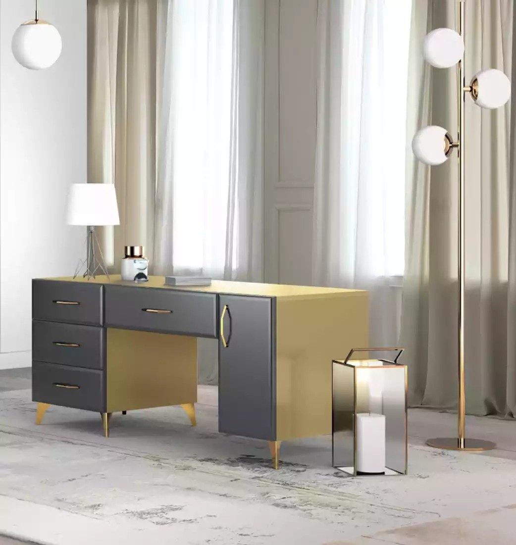 JVmoebel Schreibtisch Eleganter Holzschreibtisch mit goldfarbenem Design und Stauraum (1-St., 1x Schreibtisch), Made in Europa