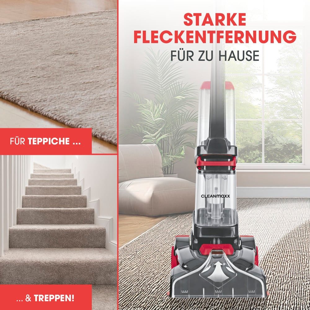 CLEANmaxx Teppichreinigungsgerät Teppichreiniger Professional mit Vibrations- und Seitenbürsten, 800 W, mit Beutel, Intensive Reinigung mit Vibration Teppichreinigung Polster
