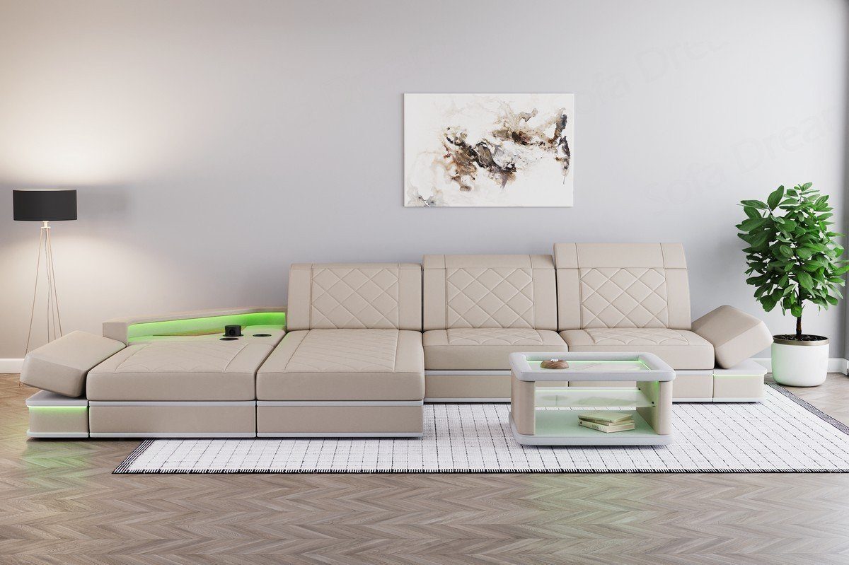 Designer Dreams Perugia Ledersofa, Couch Sofa Form LED-Beleuchtung Leder mit Ecksofa Sofa L Ledercouch