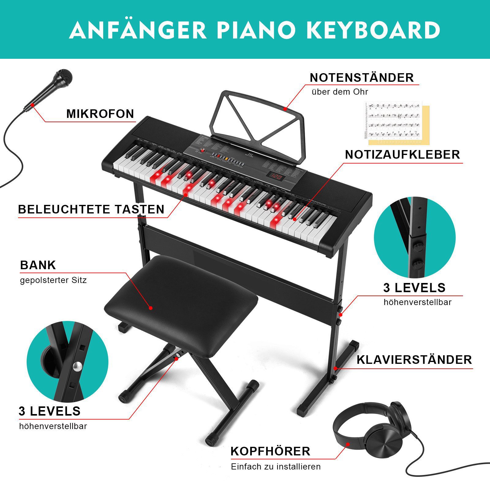 FANNOU Digitalpiano Keyboard Piano Digital Klavier 61 Tasten (1-St), ideal fur Piano-Einsteiger und klanggourmets