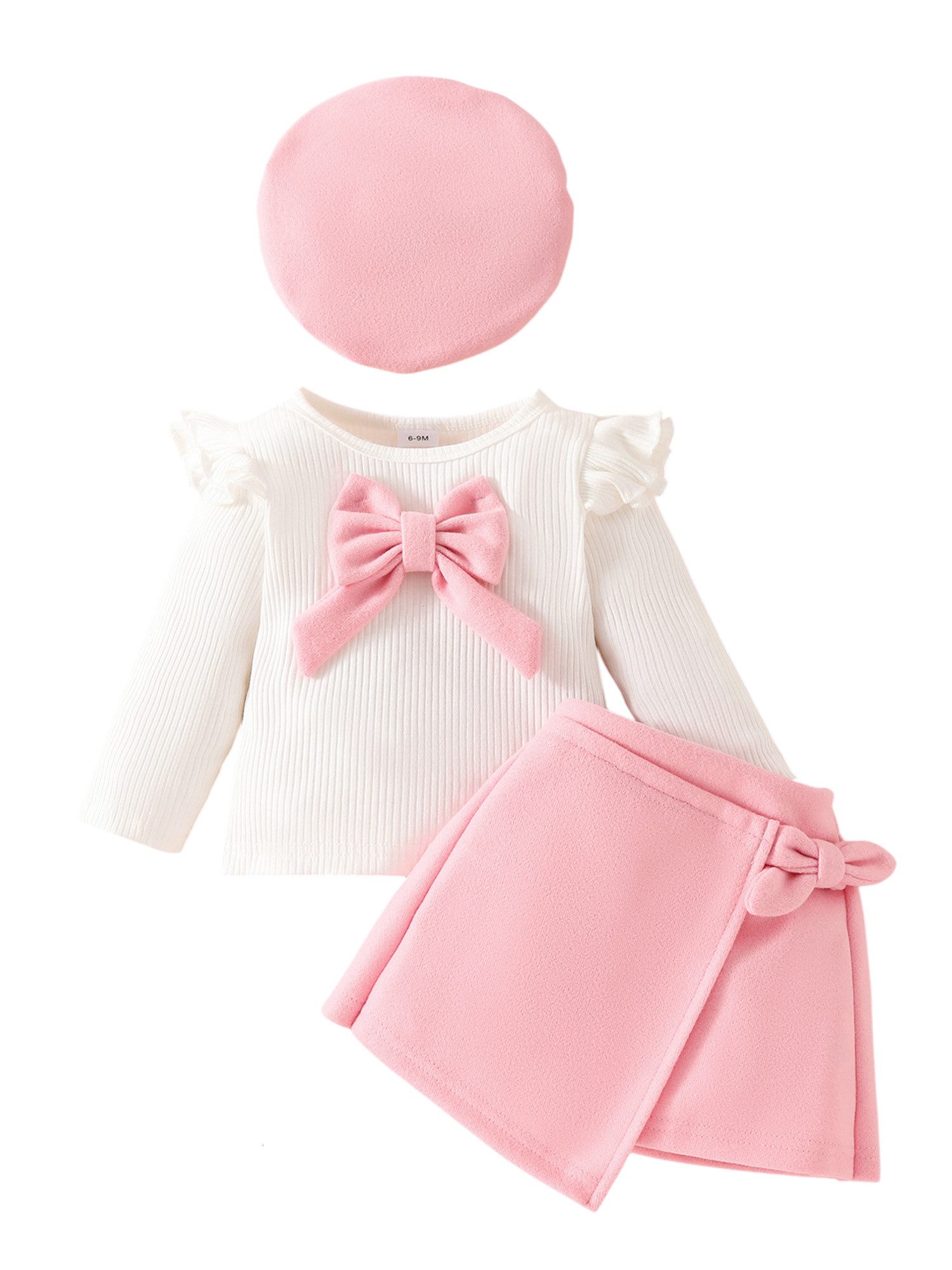 Gluckids Shirt & Rock Baby Mädchen elegantes Outfit, Strickoberteil, Samtrock, Baskenmütze (Set, 3-tg) Party Kleidung für Mädchen, Stilvolles farblich abgesetztes Alltagsset