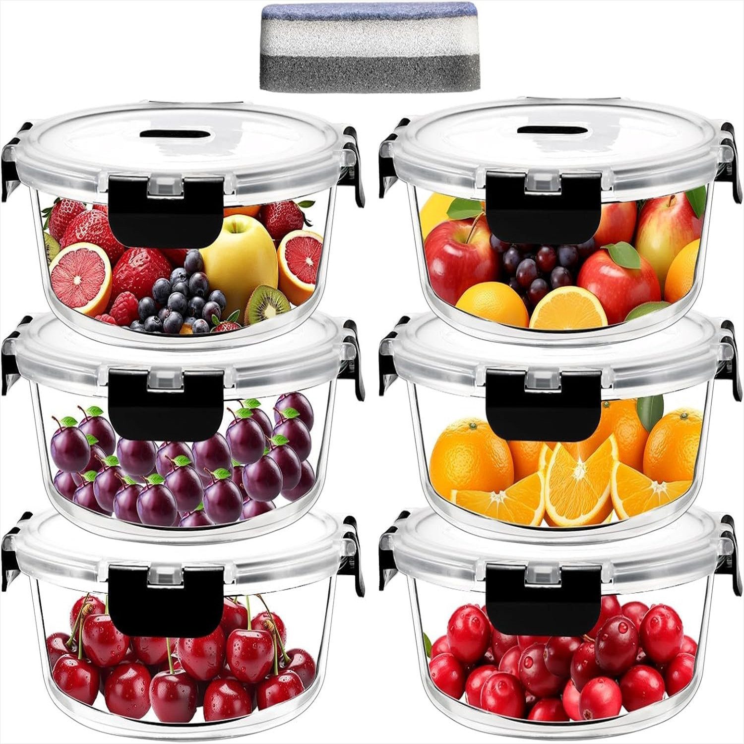 KingLux Frischhaltedose 6Stk.Glasbehälter mit Deckel,950ml Vorratsdosen,Rund Mealprepboxen, Borosilikatglas, (6-tlg)