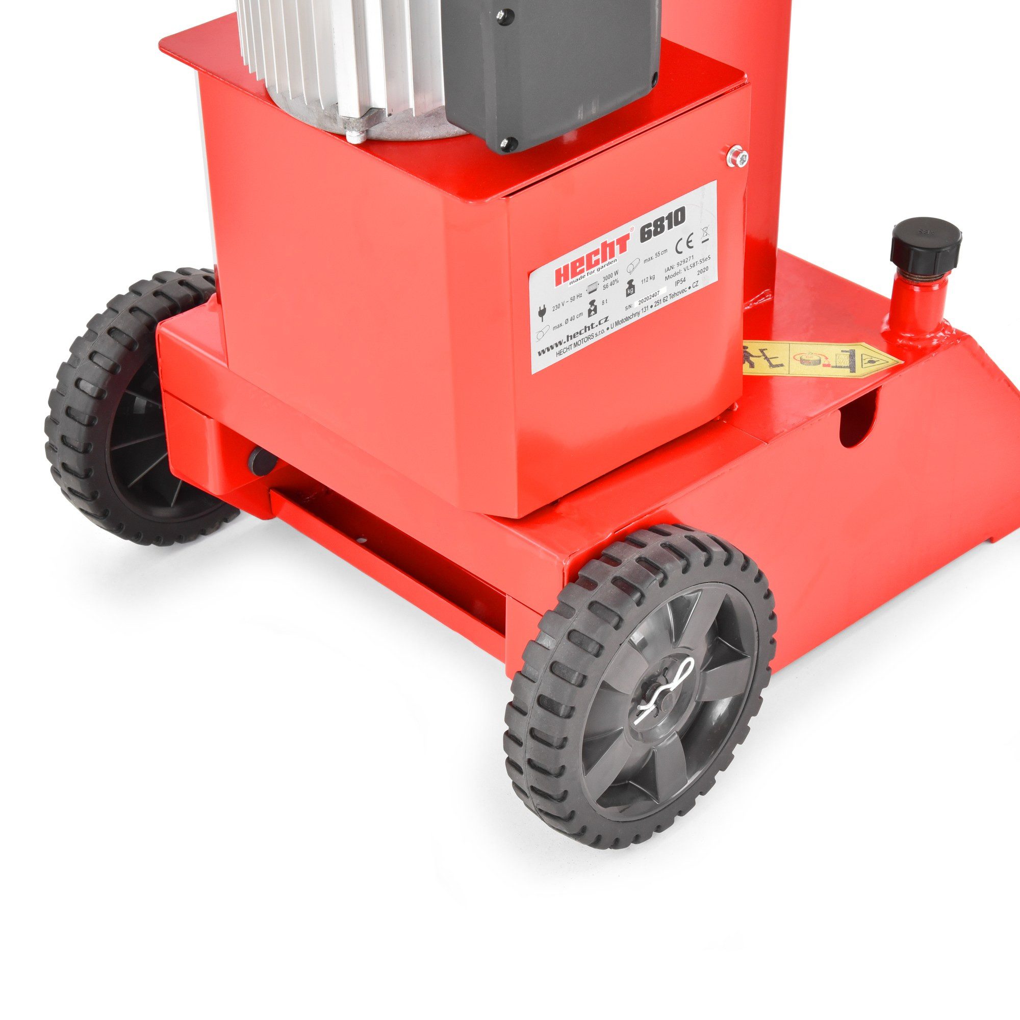 Hecht Holzspalter 6810 Power Elektro 8 t Spaltdruck 3000 W stehend, Spaltgutlänge bis 55 cm, Spaltgutdurchmesser bis 30 cm, 215 bar Hydraulikdruck, Zweihandbedienung, Transporträder, 230 V