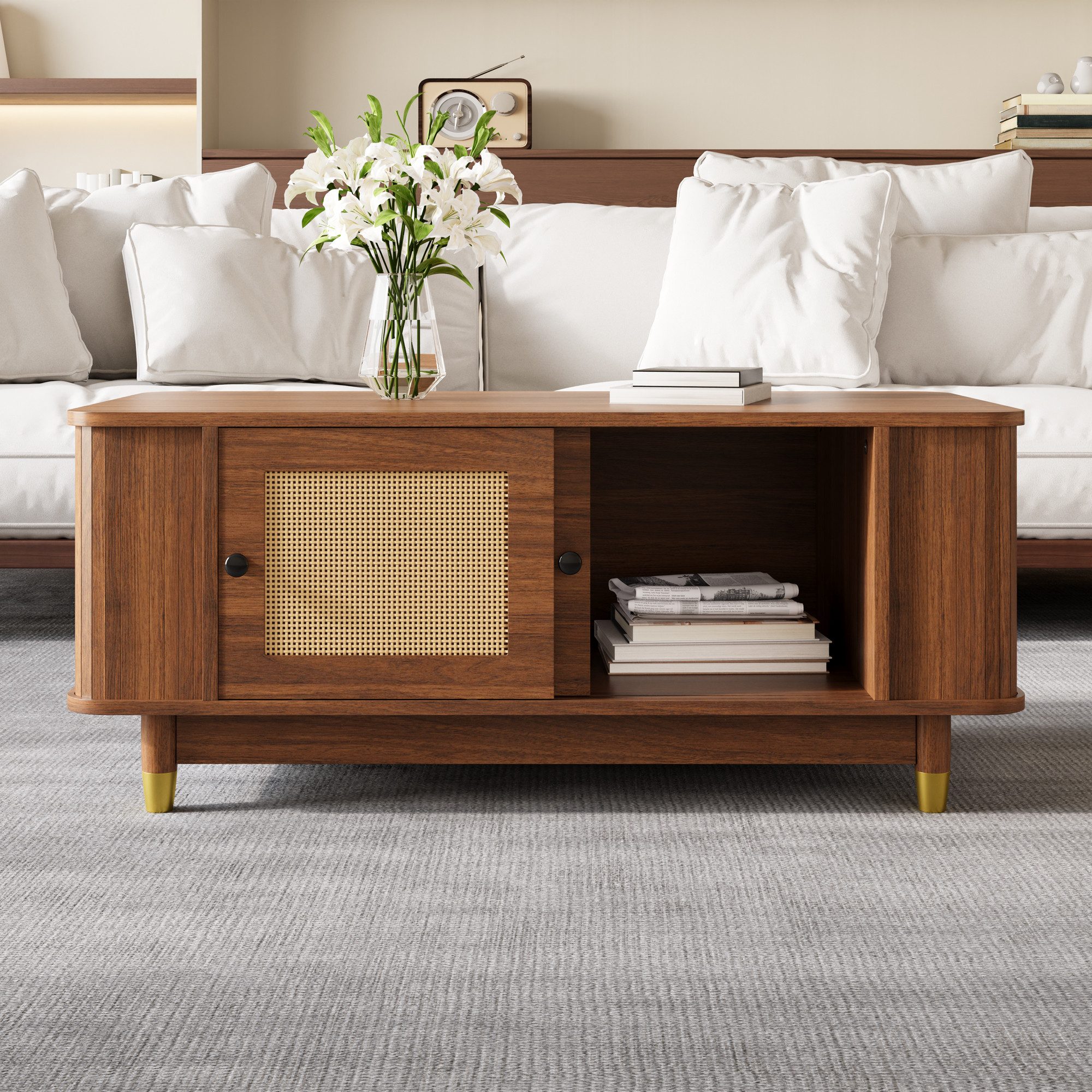 BlingBin Couchtisch Kaffeetisch mit Rattan-Schiebetüren, Wohnzimmertisch - 100*50*42cm (1er Set, 1-St., Gewichtskapazität: 40KG), Teetisch mit Stauraum & Abgerundete Ecken für Wohnzimmer, Holzoptik