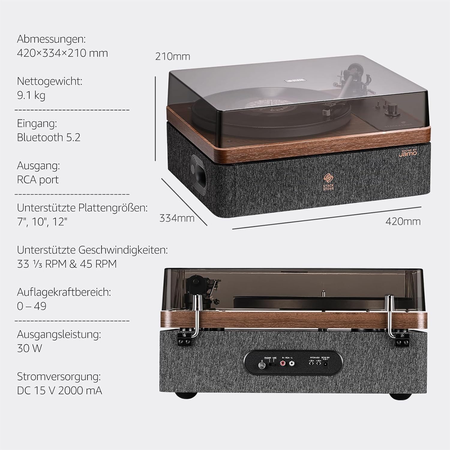 STACK STONE Vinyl Plattenspieler mit Lautsprecher,Schallplattenspieler Bluetooth Plattenspieler (WLAN, Bluetooth 5.3, AT-91R Magnetsystem)