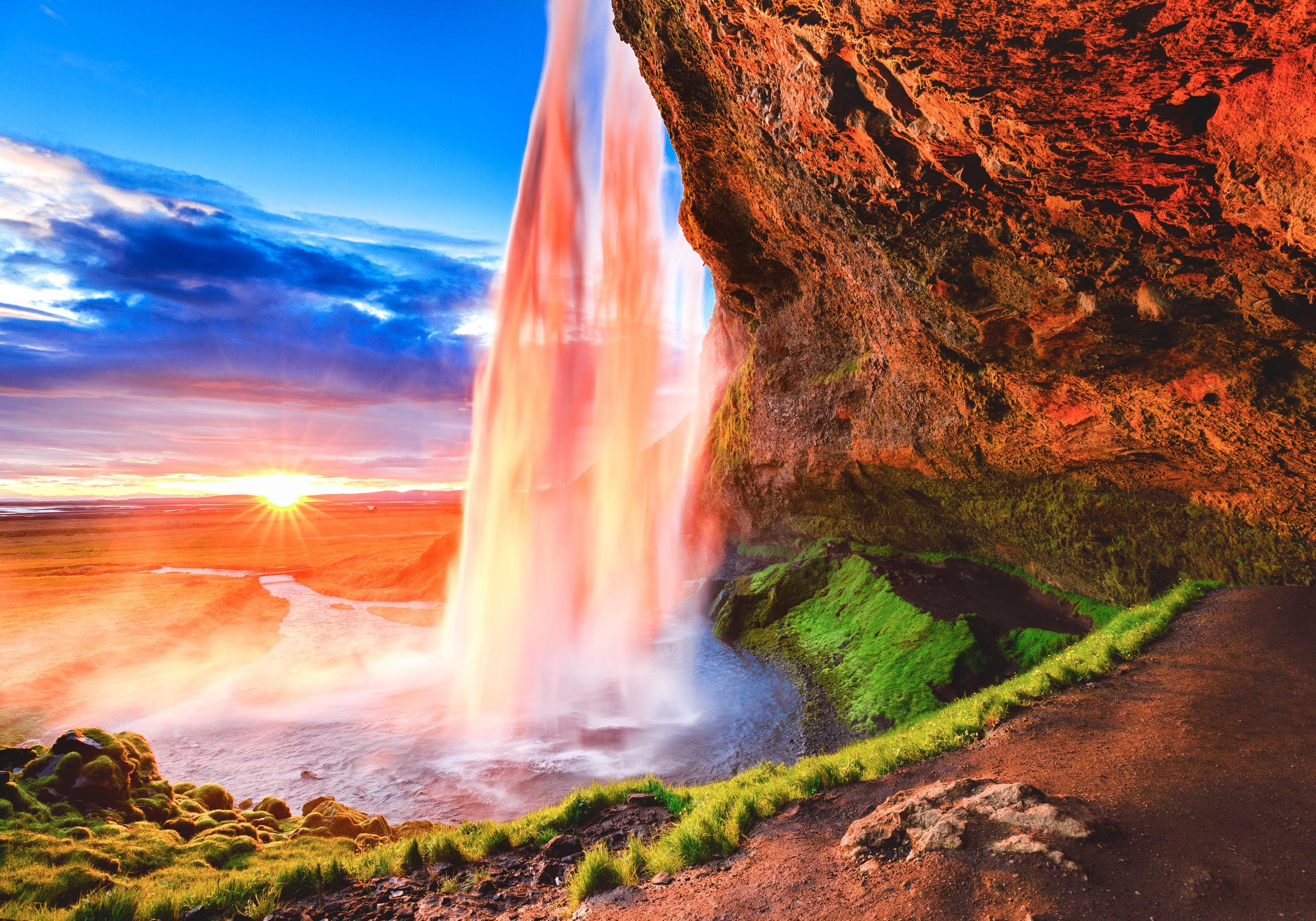 Luxuriöses Gefühl wandmotiv24 Fototapete Sonnenuntergang mit Wasserfall, glatt, Wandtapete, Vliestapete matt, Motivtapete