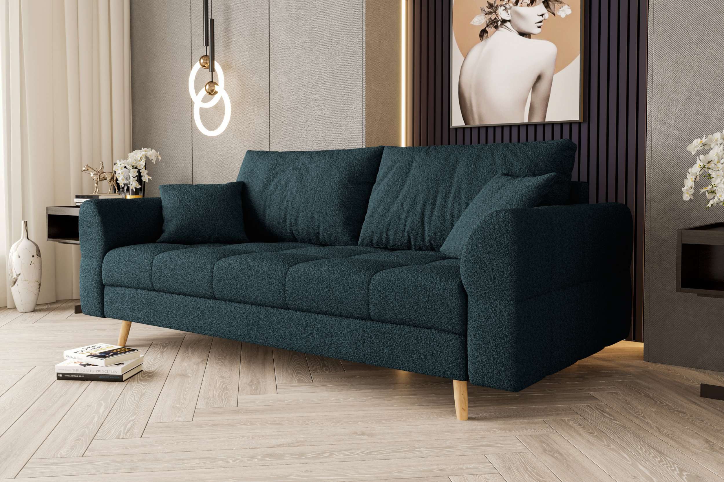 99rooms Sofa Bello, Sofa, 2-Sitzer Sofa, mit Rundumbezug, 2 Zier- und 2 Rückenkissen, hellbraune Holzfüße