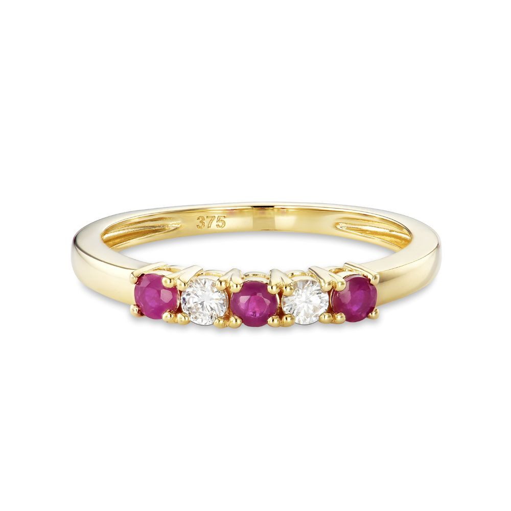 Miore Goldring MAE9022R - für Damen 9K (375) Gelbgold mit 2 Diamanten & 3 Rubinen, Eternity Ring in Echtgold