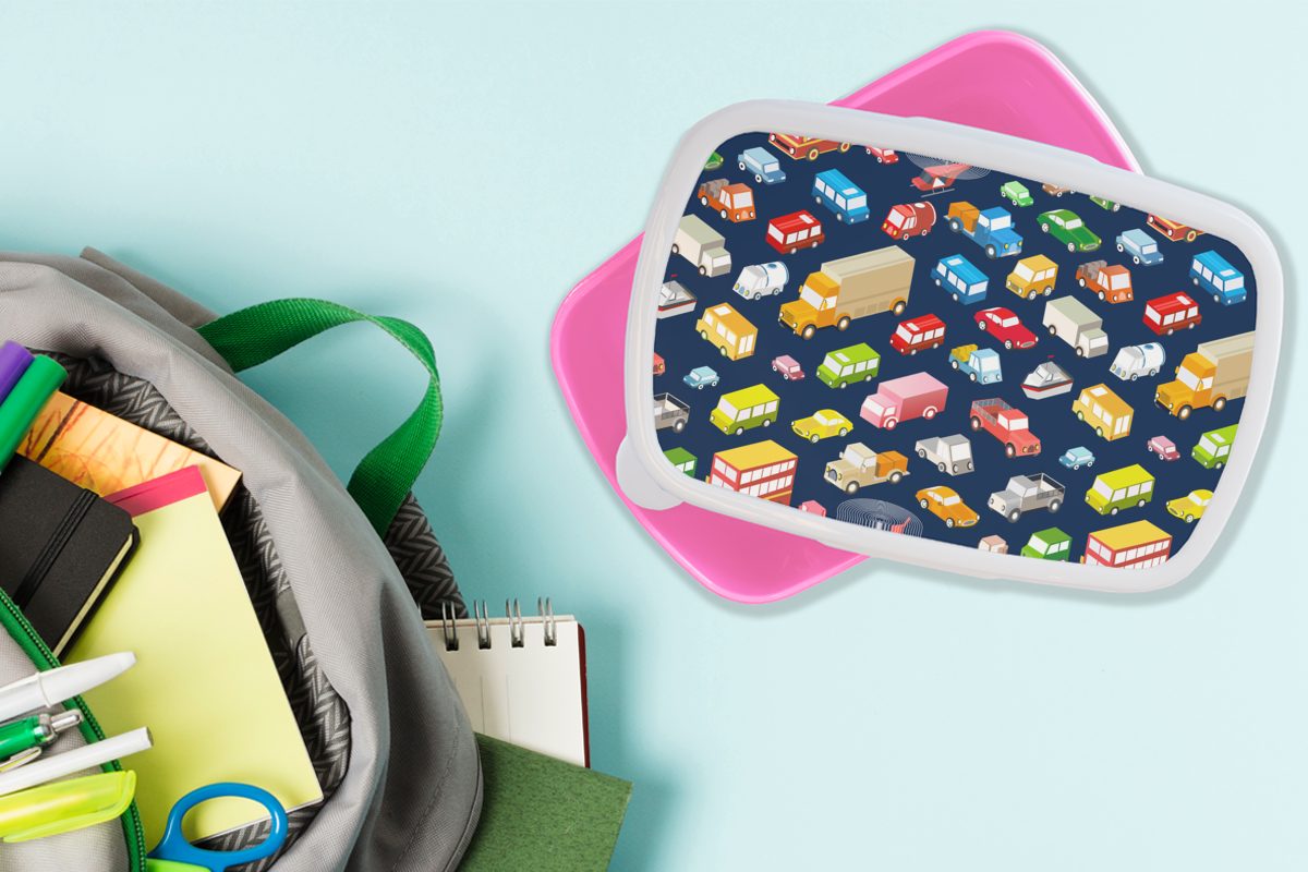 Lunchbox Brotdose Auto Erwachsene, Kunststoff, Verkehr, - für Mädchen, Muster (2-tlg), Kunststoff - MuchoWow Brotbox rosa Snackbox, Kinder,