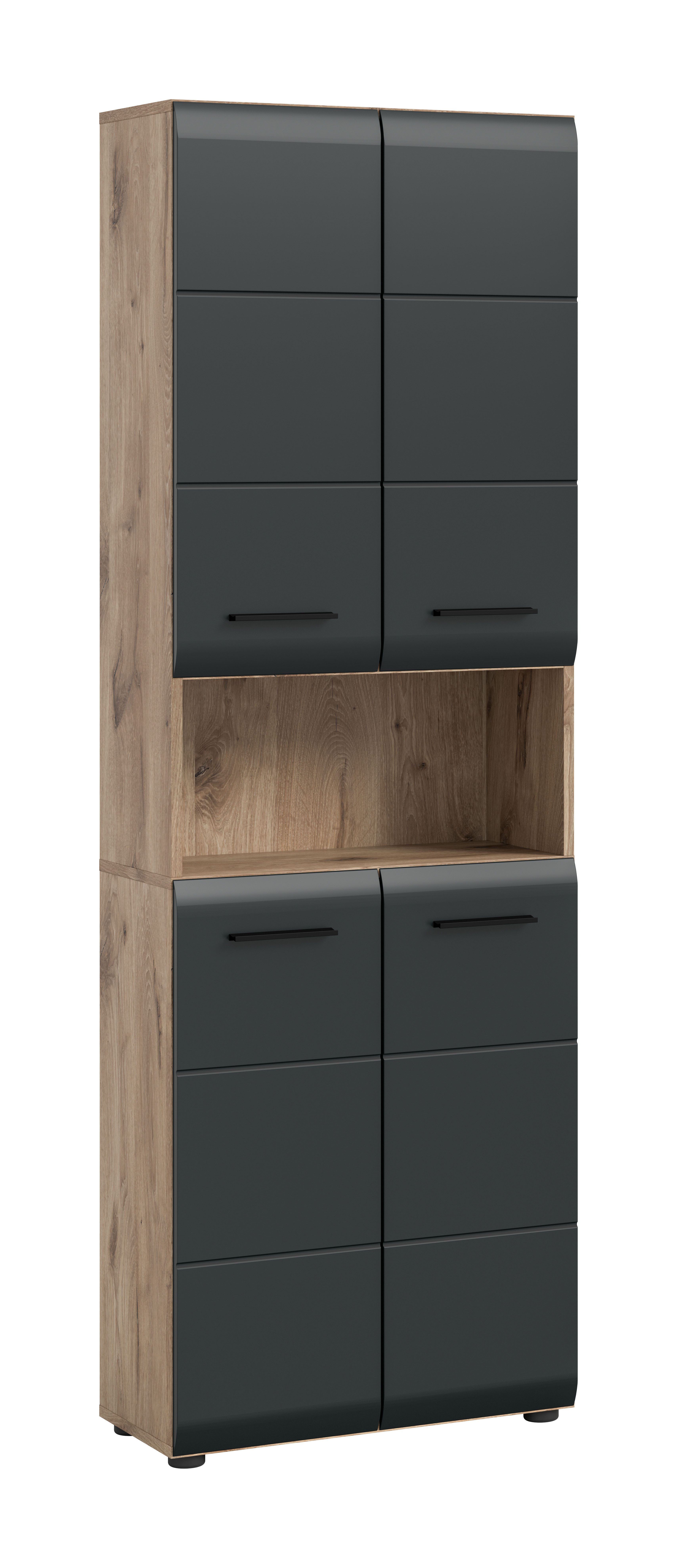 furnling Stauraumschrank Ivy - moderner Badschrank mit 4 Türen, 4 Einlegeböden, viel Stauraum offenes Fach, pflegeleichte MDF Front, Hochschrank, Nox Oak & schwarz