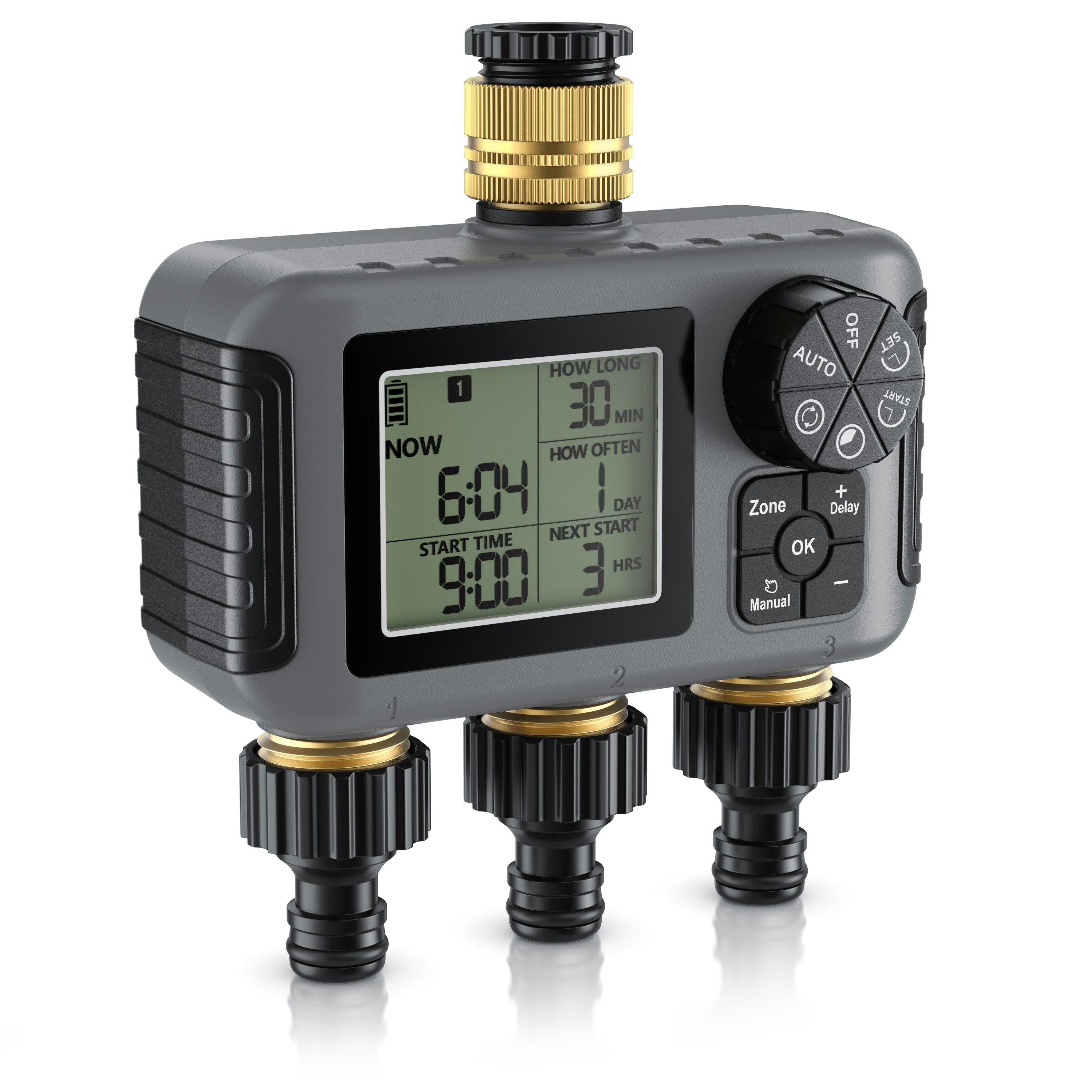 Brandson Bewässerungscomputer 3-Zonen Bewässerungssteuerung, Garten Bewässerungssystem, 3 Ausgänge, (6-tlg., Digitaler Bewässerungstimer), Regenverzögerung bis 15 Tage, Wasserfilter, Gartenbewässerung Timer