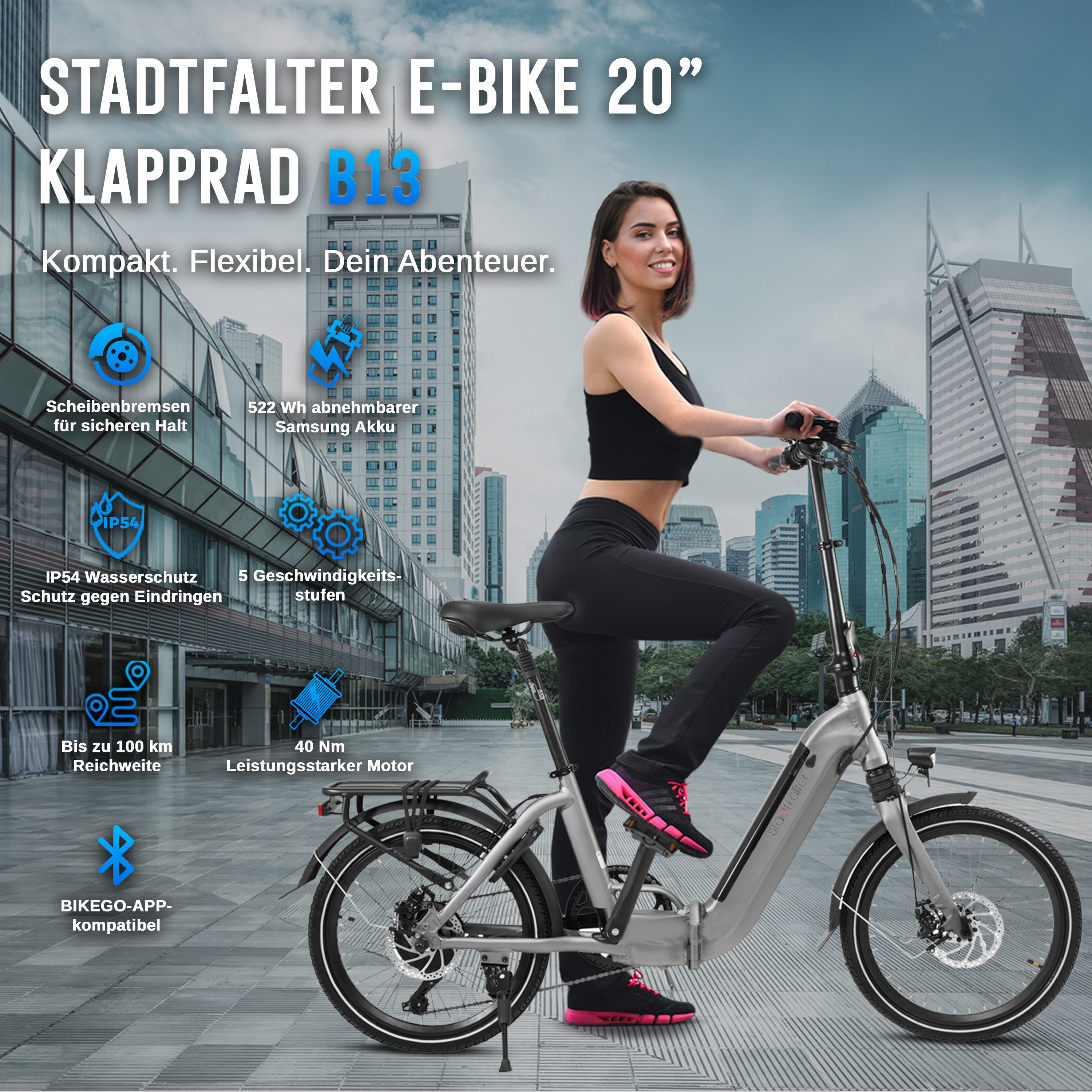 AsVIVA E-Bike Faltrad B13 20 Zoll Klapprad, 6 Gang Shimano Tourney Tourney Schaltwerk, Kettenschaltung, Heckmotor, 504 Wh, (Inkl. Samsung-Akku-Ladegerät, Schloss, Montagewerkzeug (95% vormontiert), 36 V / 14 Ah Samsung Akku, Heckmotor bis 25 km/h, sehr tiefer Einstieg