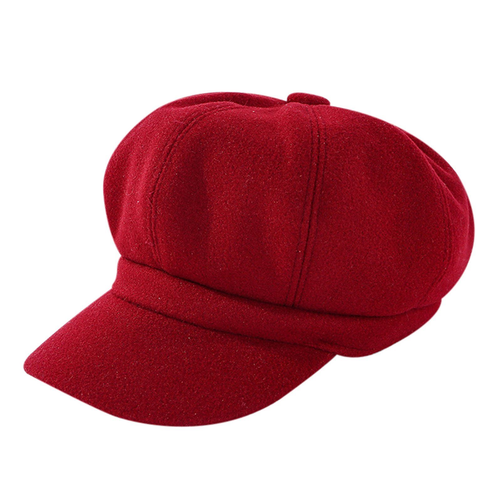 Blusmart Baskenmütze Einfarbig Woolen Zeitungsjunge Mütze Achteckige 8 Panel Hut Frauen Rot