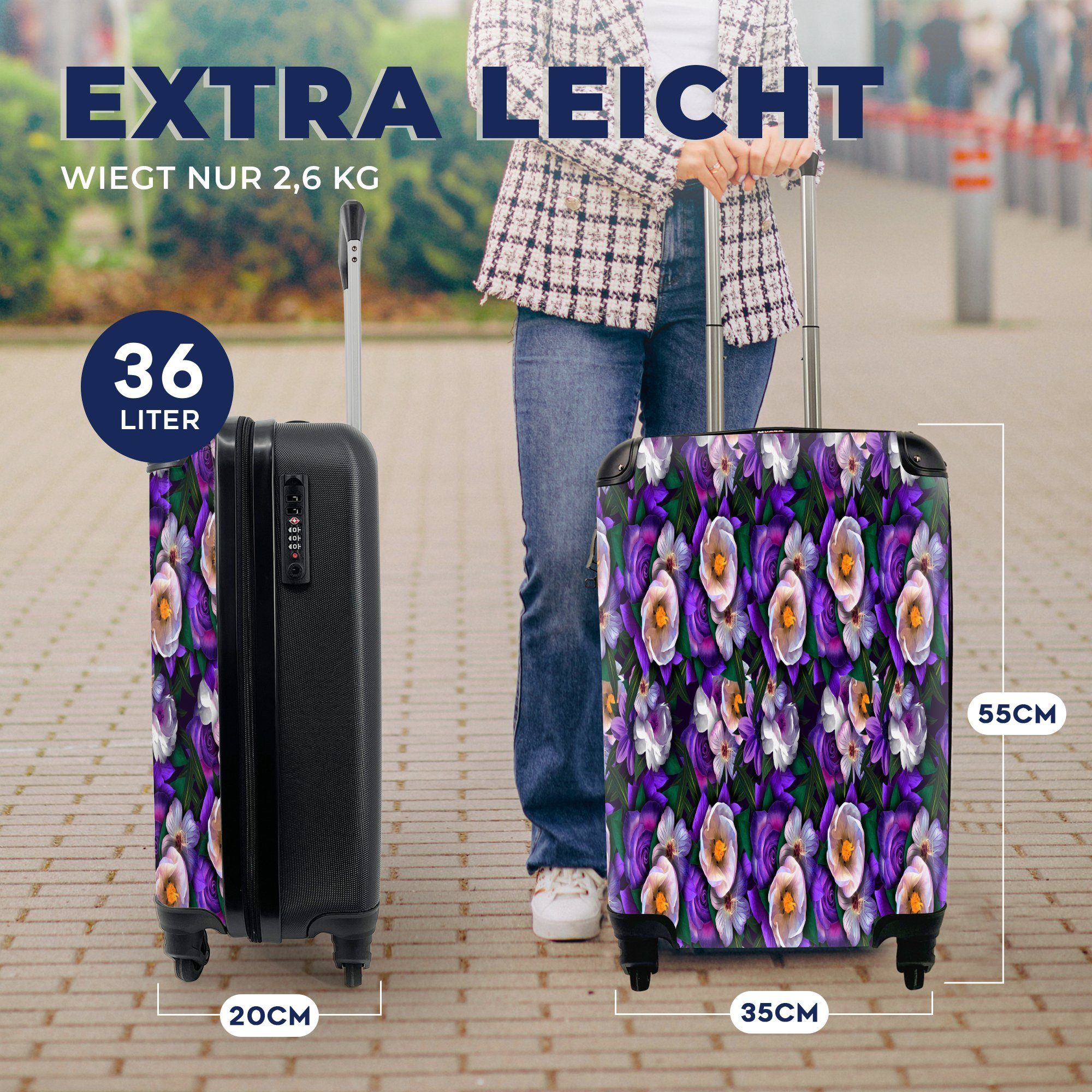 Reisetasche für Trolley, mit Reisekoffer Lila Handgepäck 4 Muster, Handgepäckkoffer rollen, - Ferien, Blumen MuchoWow Rollen, -