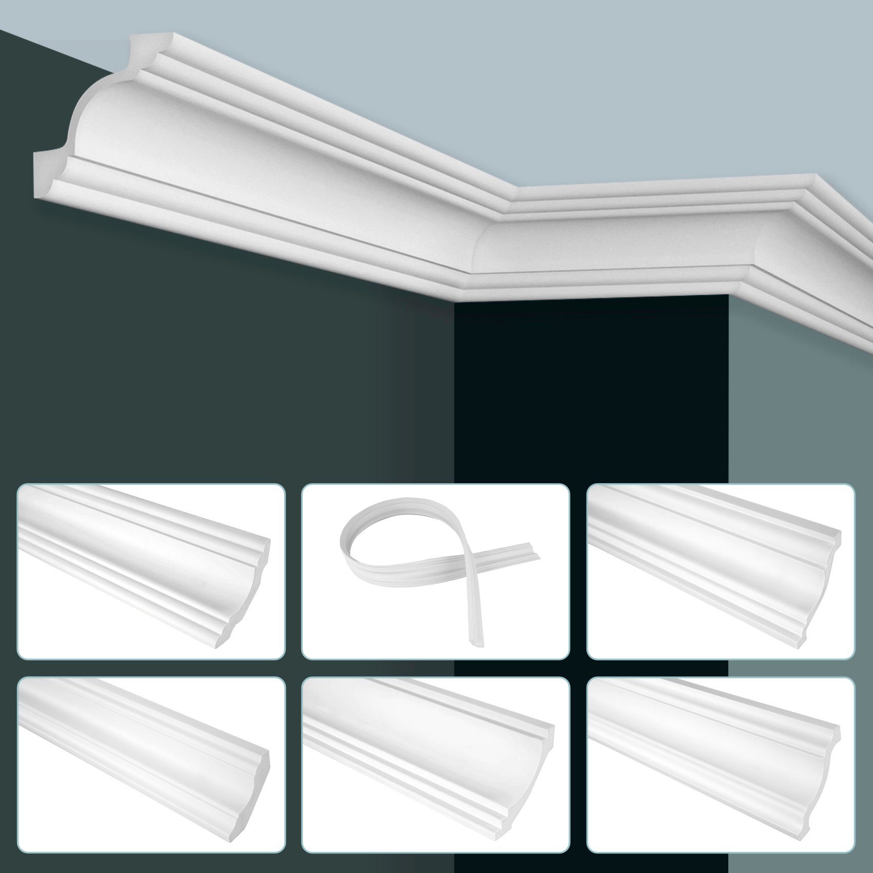 Hexim Stuckleiste, 2 Meter / 1 Leiste, Stuckleisten Decke modern, PU Hartschaum & Flexibel - 2m Deckenleisten glatt Eckleisten Polyurethan Kunststoff Stuck (2 Meter)
