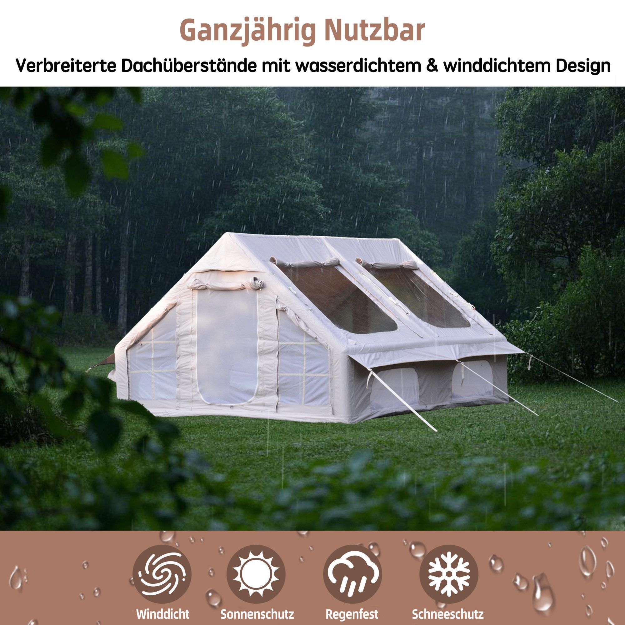 LVHOM aufblasbares Zelt 300x400x200cm(LxBxH) Steildach, 2 Türen, 6 Fenstern, Rauchabzug, Personen: 8 (Design mit Aufblasbare Luftbalken, Insektenschutz, Innen-Taschen, reflektierende Elemente, Zubehöre mit Handpumpe, 1 Tragetasche, 20 Heringe, 8 Verstärkungsleinen, Ihr mobiles Outdoor-Wohnzimmer), Sonnenschutz UPF50+/wasserdicht/schneedicht/winddicht/5 Min. aufgebaut