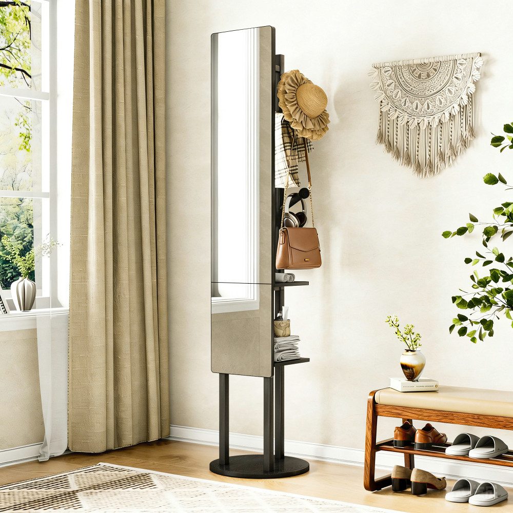 BBG Ganzkörperspiegel Garderobenständer mit Spiegel 360° drehbar, Ganzkörperspiegel (Garderobe mit Haken und Stauraum, Kleiderständer Spiegelständer), Standspiegel Garderobe für Schlafzimmer Flur Ankleidezimmer, 174 cm