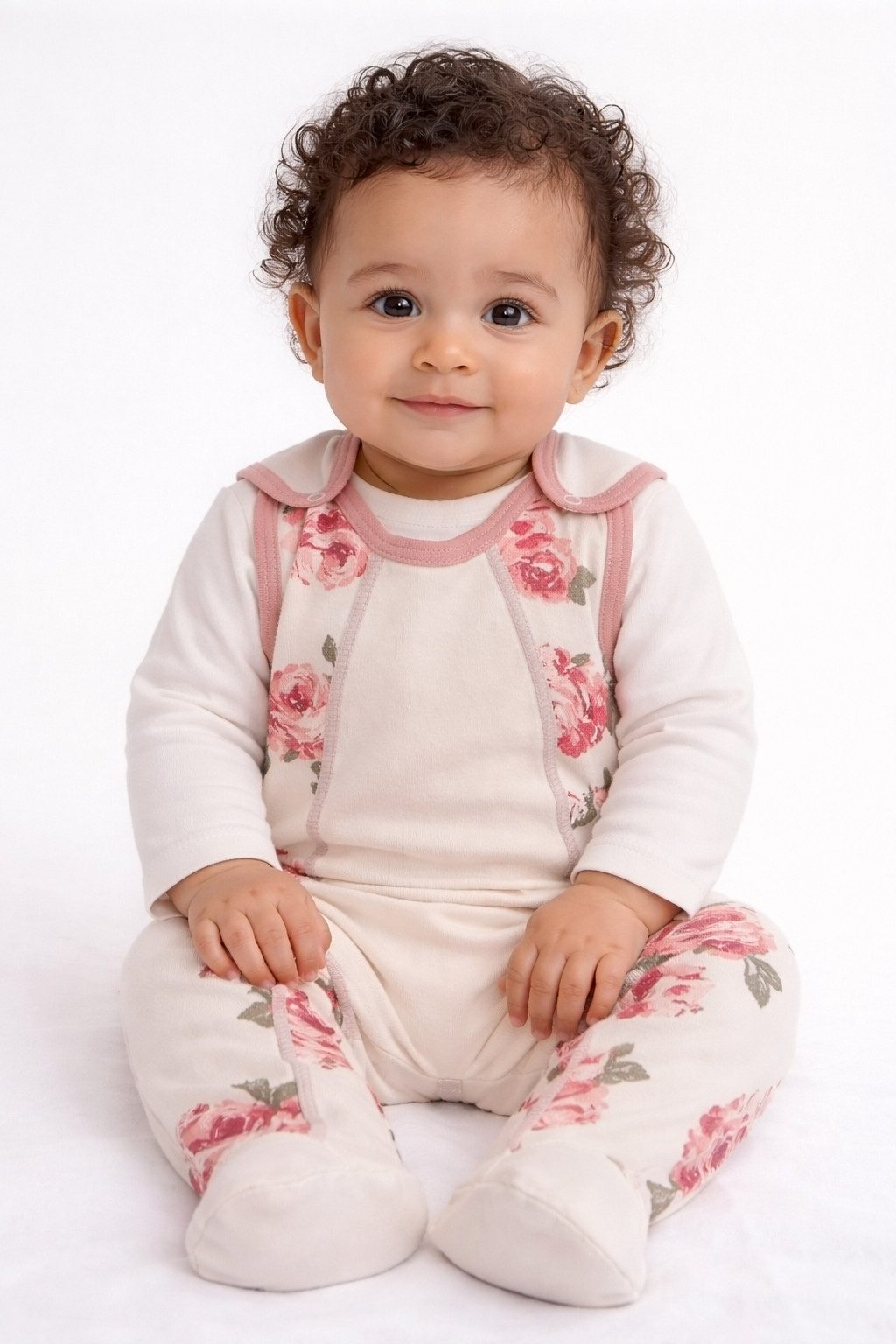 Strampler Baby Anzug Stramplerhose Langarmshirt in Creme mit Blumen
