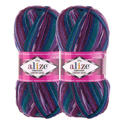 Alize 2 x 100g Sockenwolle Superwash Comfort Häkelwolle, 4412 blau grün bordeaux violett