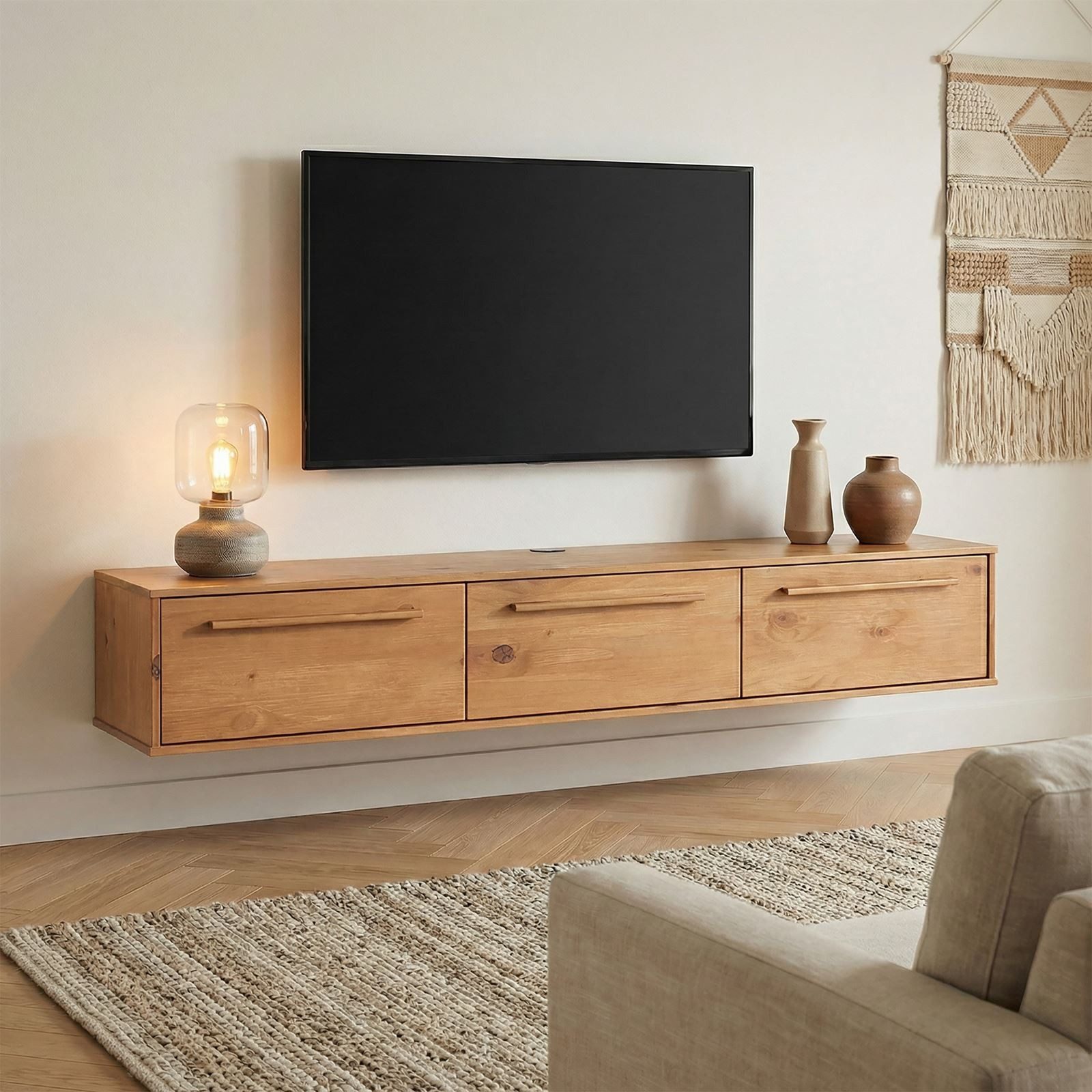 IDIMEX Lowboard TECCA, Hängekonsole mit 3 Klappen Massivholz Mid Century Stil eiche farben