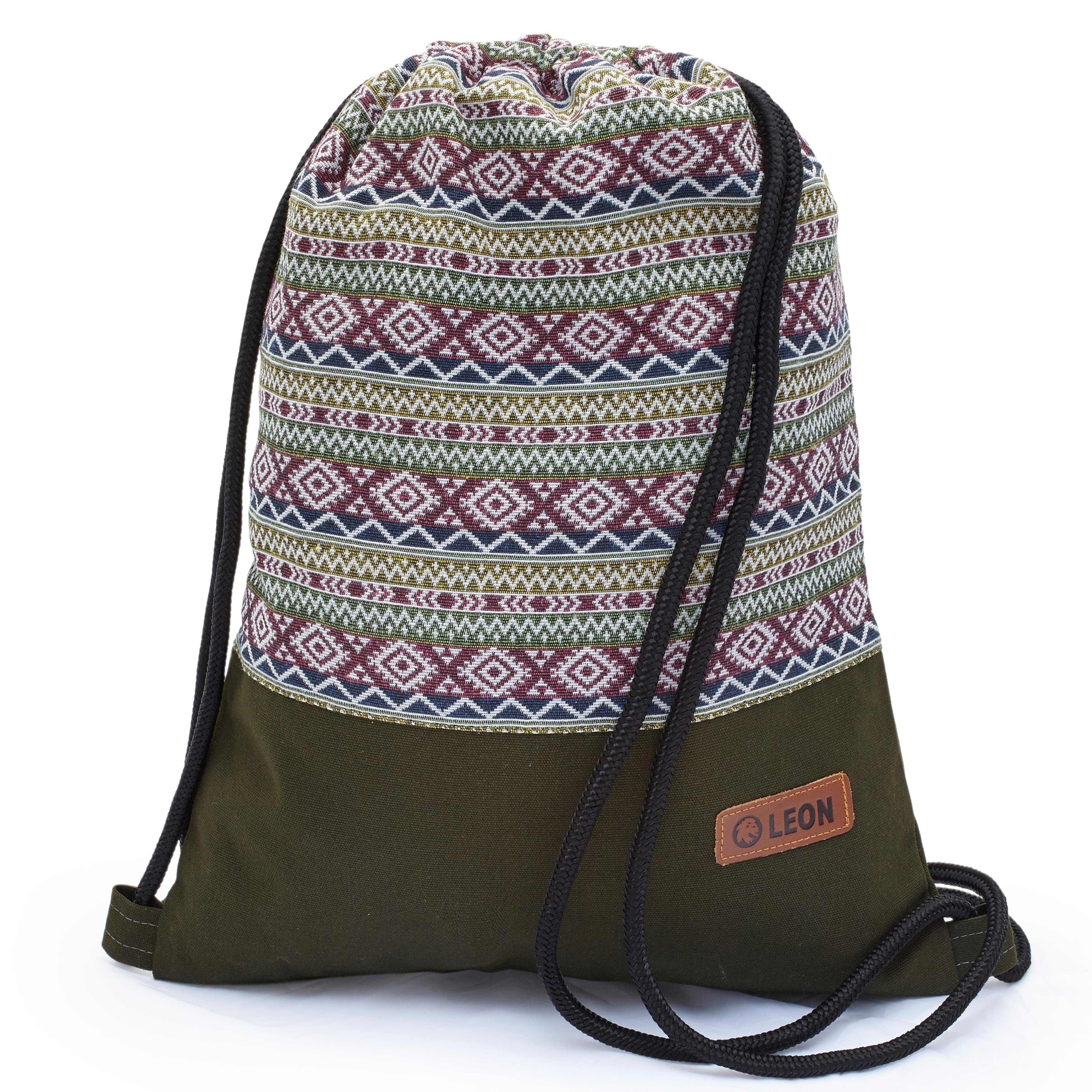 By Bers Freizeitrucksack Leon By Bers Turnbeutel (Tagesrucksack für Strand Sport Festival Freizeit Alltag Einkauf aus Baumwolle Innentasche Schlüsselband), robuste hochwertige Baumwolle - bestens verarbeitet BOHO_gruen001