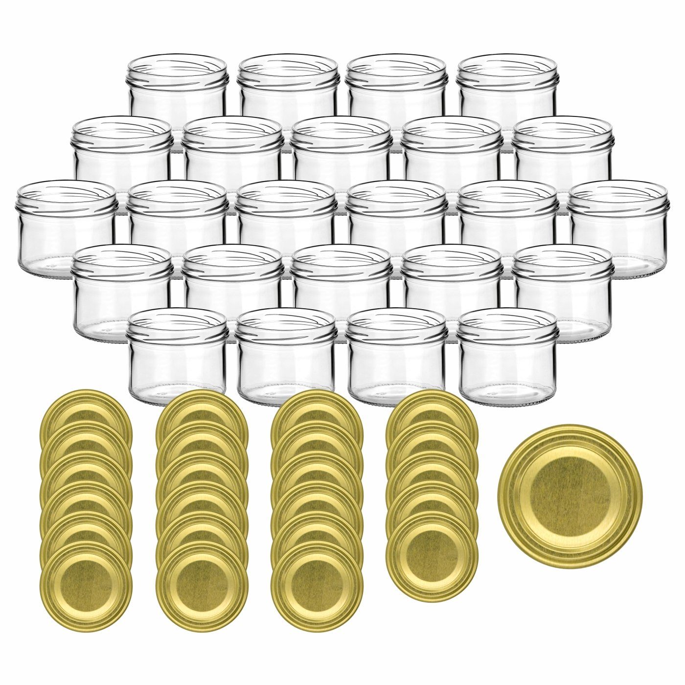 gouveo Einmachglas Vorratsgläser 230 ml rund mit Schraubverschluss TO 82, (24 Stück, Goldfarben), Gläser für Selbstgemachtes, Marmelade, Wurst