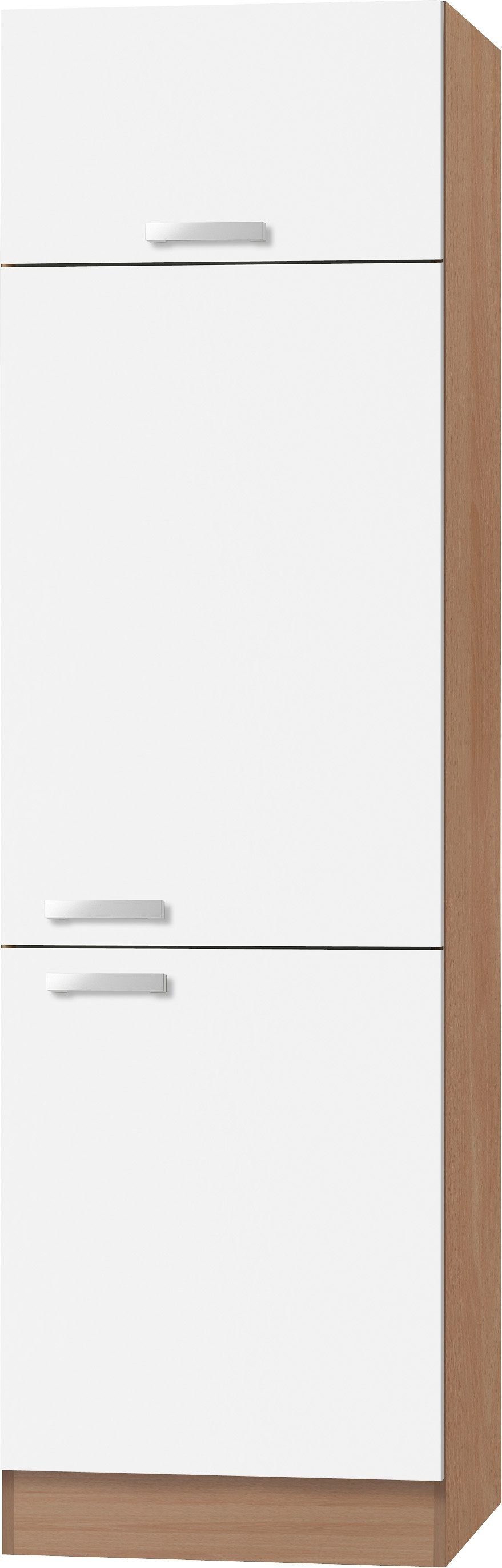 OPTIFIT Kühlumbauschrank Odense 60 cm breit, 207 cm hoch, geeignet für Einbaukühlschrank mit maß 88 cm weiß/buche | buchefarben