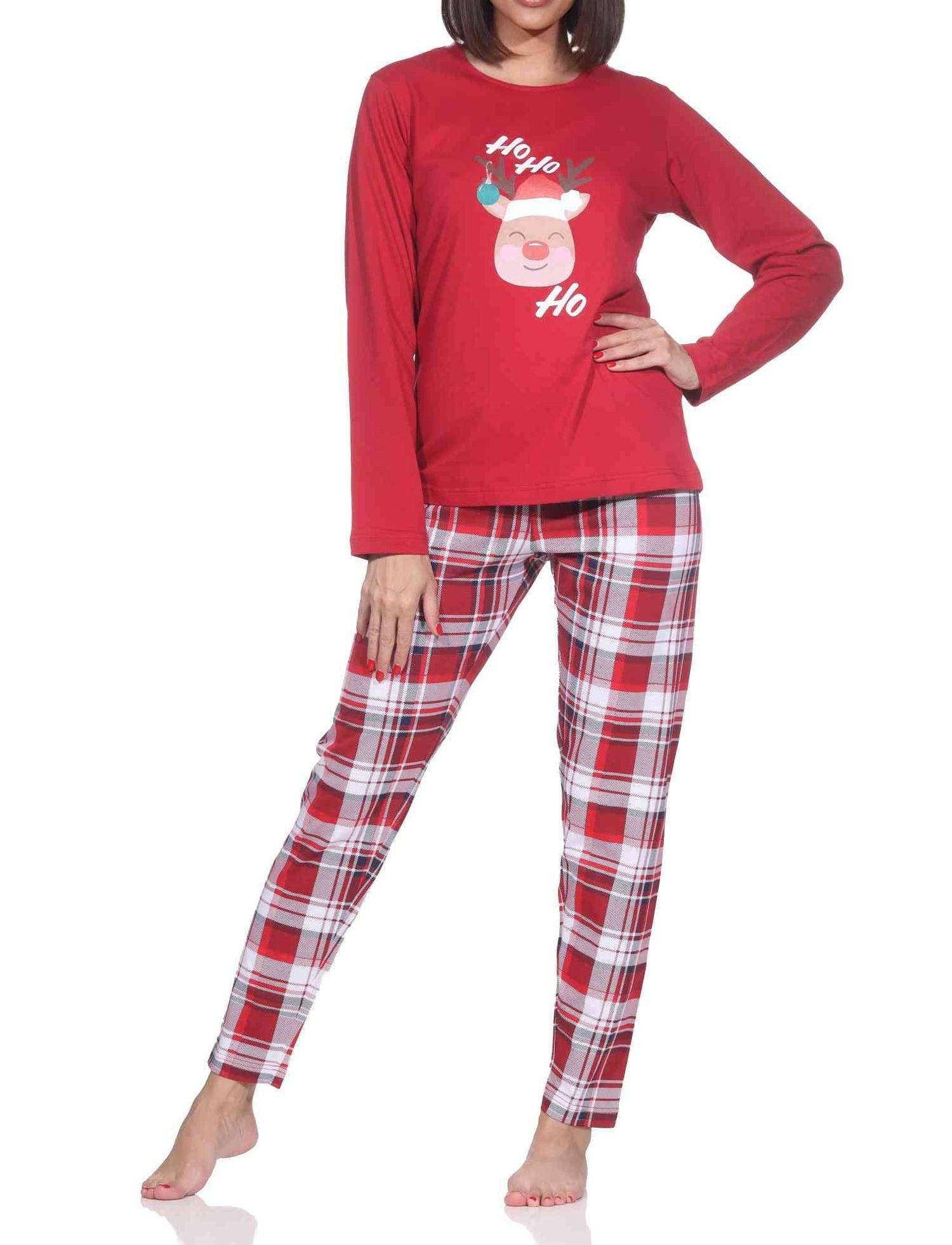 Normann Pyjama Damen Weihnachts Schlafanzug Pyjama mit lustigen Renntier Motiv