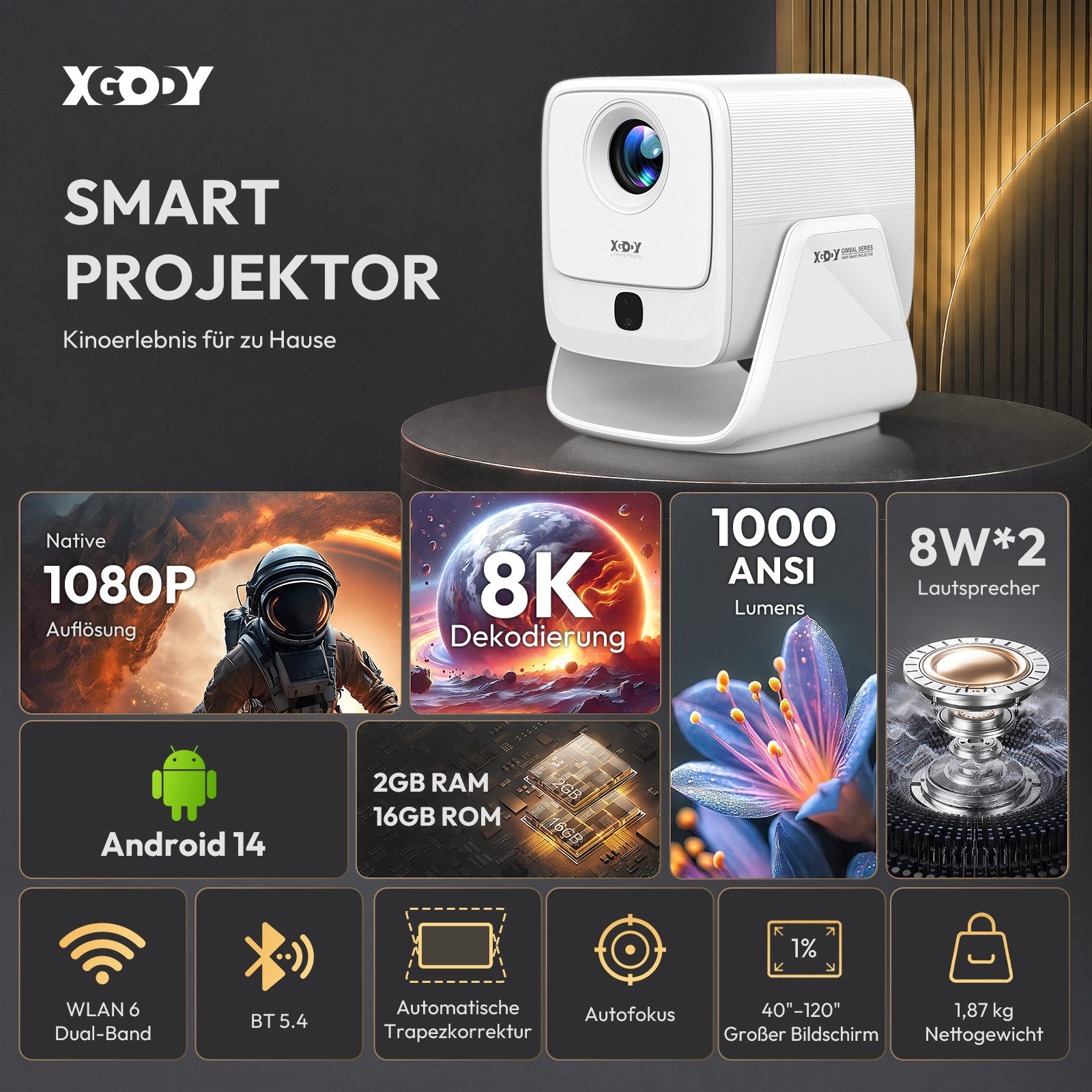 XGODY 2026 Neuer Smart Beamer 4k heimkino mit Android 14, Integrierte APP LCD-Beamer (1000 lm, 2500:1, 3840 x 2160(1000 ANSI) px, Autofokus, Full HD 1080P, unterstützt 8K-Decodierung Projektor) weiß