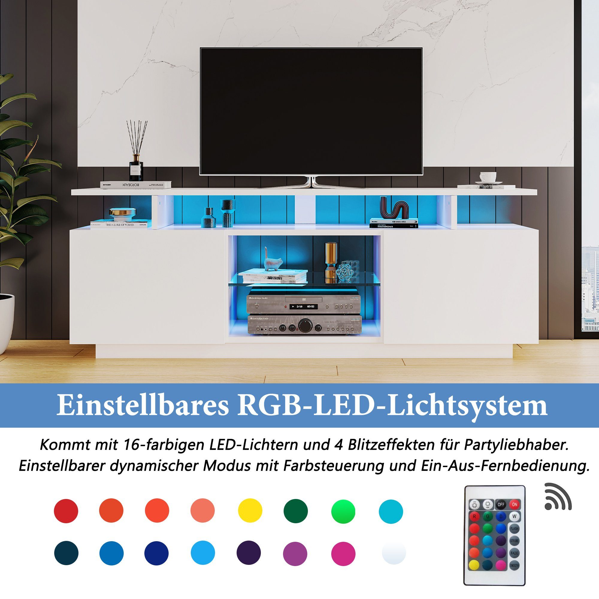 Merax Lowboard, mit LED-Beleuchtung und Glasablage,TV-Schrank Hochglanz,Fer günstig online kaufen