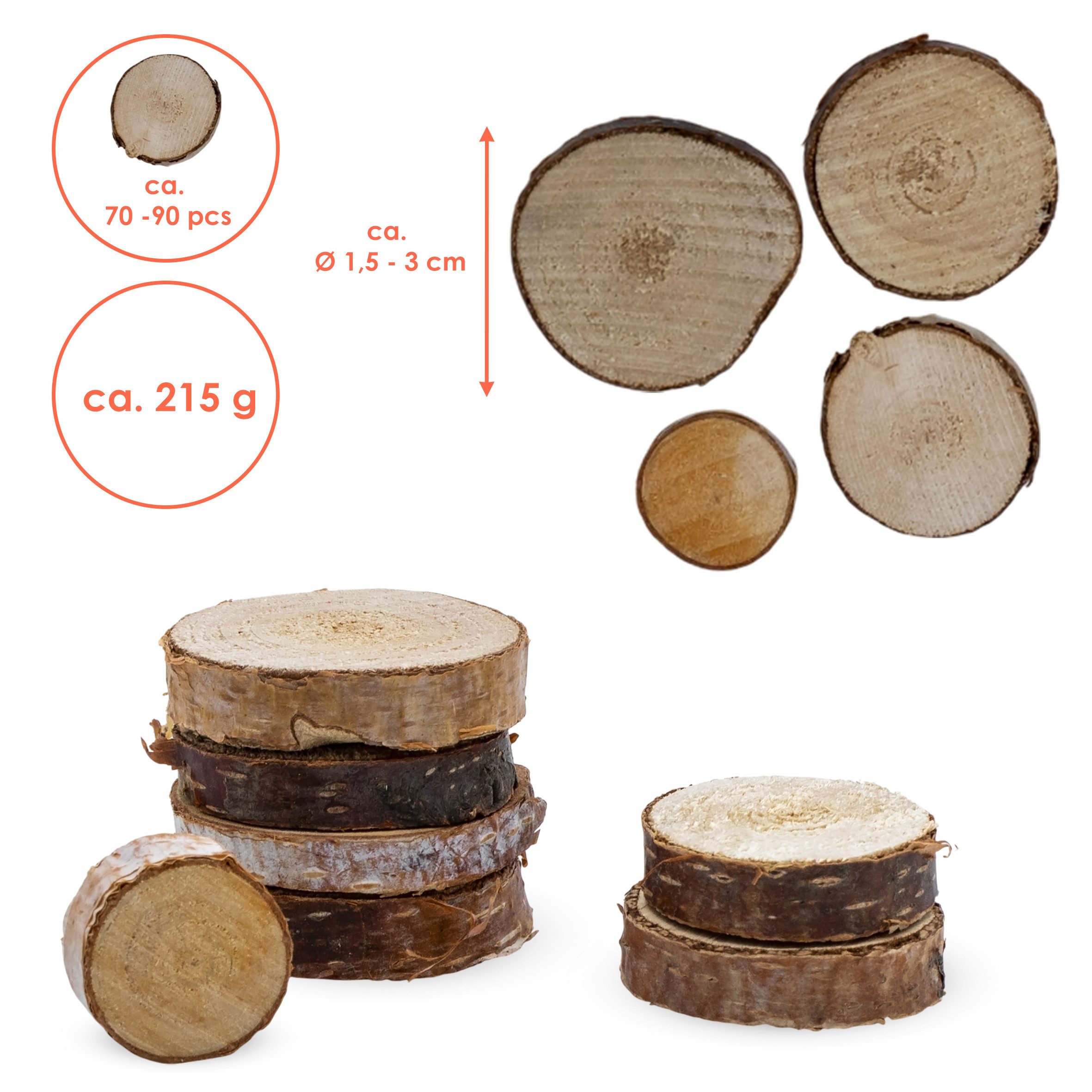 Spetebo Bastelnaturmaterial Birkenholzscheibe mit Rinde Echtholz natur, (Set 70-tlg), praktisch verpackt im Netz