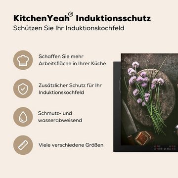 MuchoWow Herdblende-/Abdeckplatte Schnittlauch - Küche - Mörser - Rustikal - Kräuter - Lila, Vinyl, (1 tlg), 59x52 cm, Ceranfeldabdeckung für die küche, Induktionsmatte